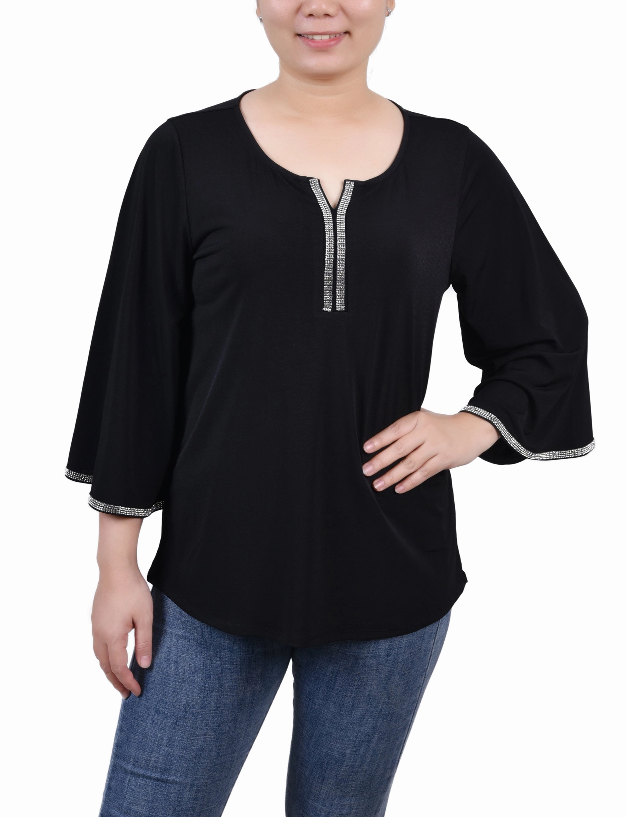 Outdoor Warmth Non Irritating Petite 3/4 Bell Sleeve Top With Stones