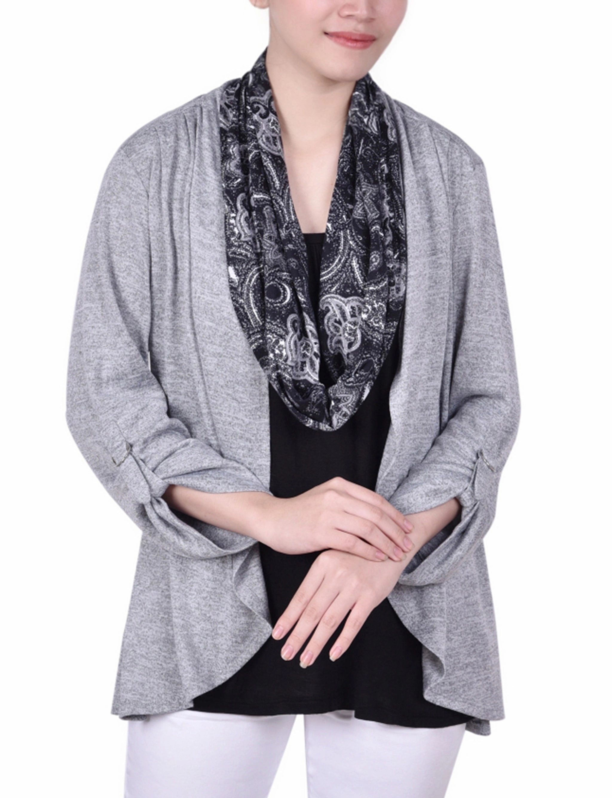 Petite 3/4 Roll Sleeve 3Fer Top With Detachable Scarf Temperature Regulating Lining MoistureWicking Fabric