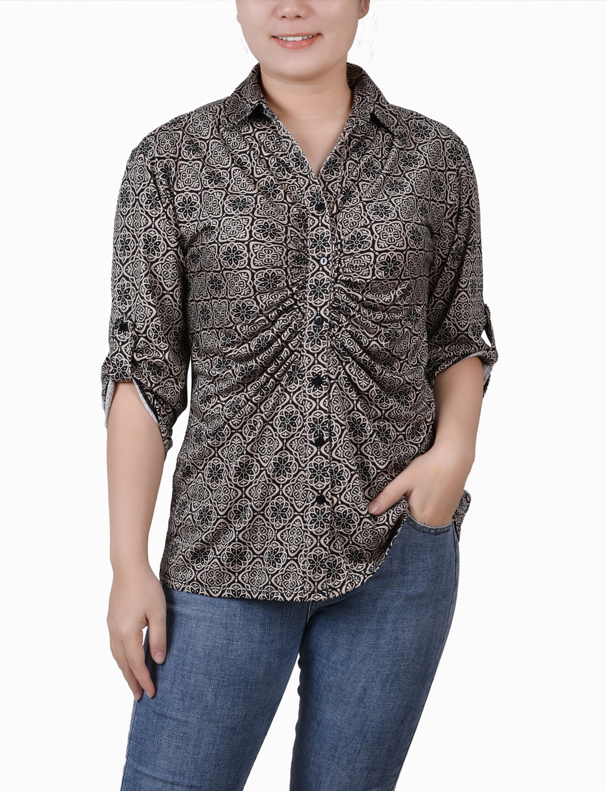 Abrasion Resistant Yarn Petite 3/4 Roll Tab Rouched-Front Top