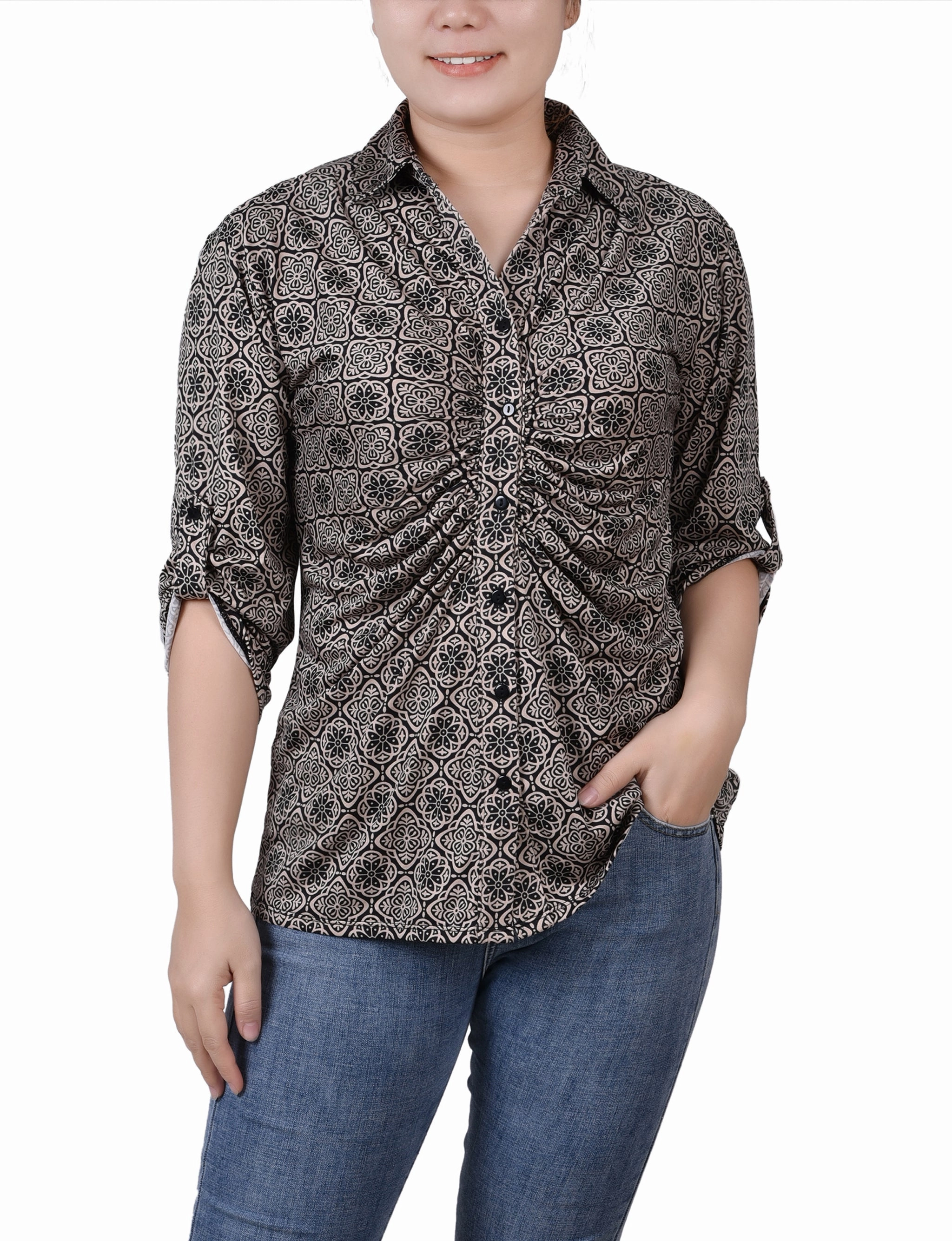 Petite 3/4 Roll Tab Rouched-Front Top Brushed Inner Layer Wrinkle Recovery Fabric