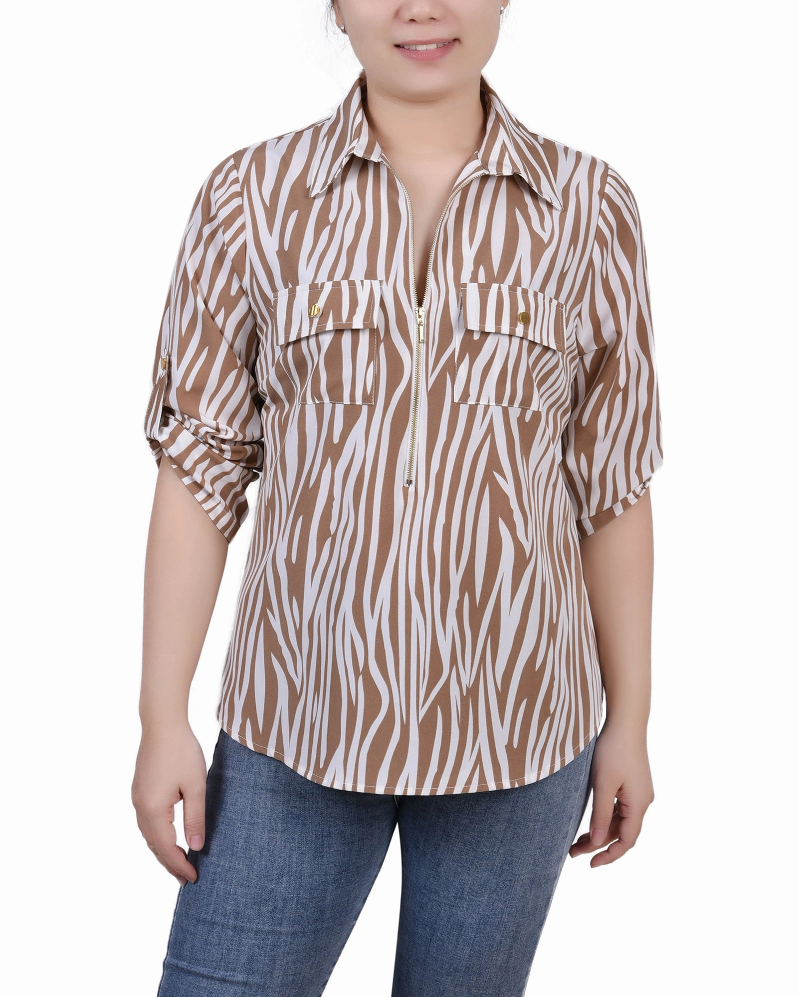 Petite 3/4 Roll Tab Sleeve Zip Front Top Weekend Ready