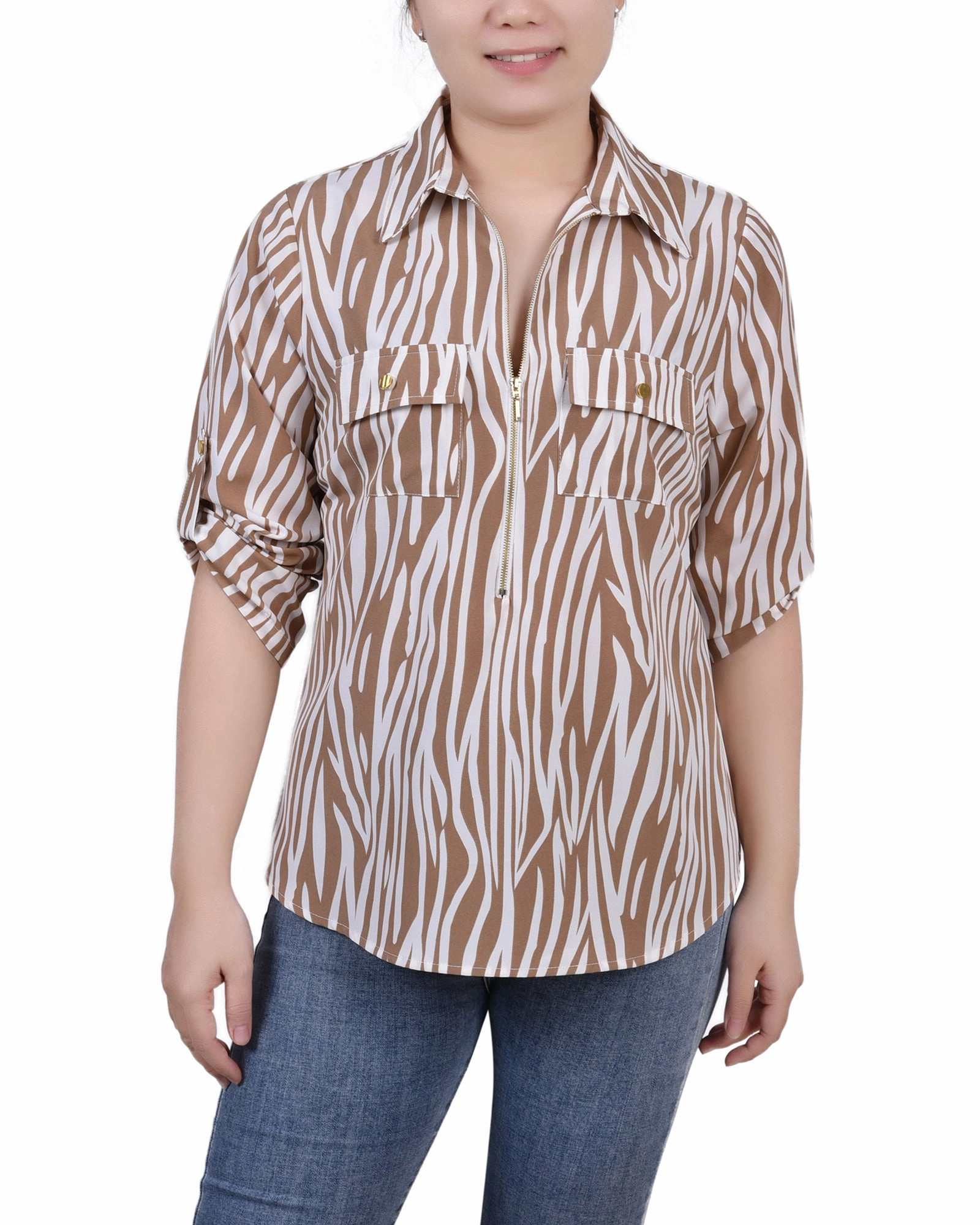 Sleek Fit Petite 3/4 Roll Tab Sleeve Zip Front Top