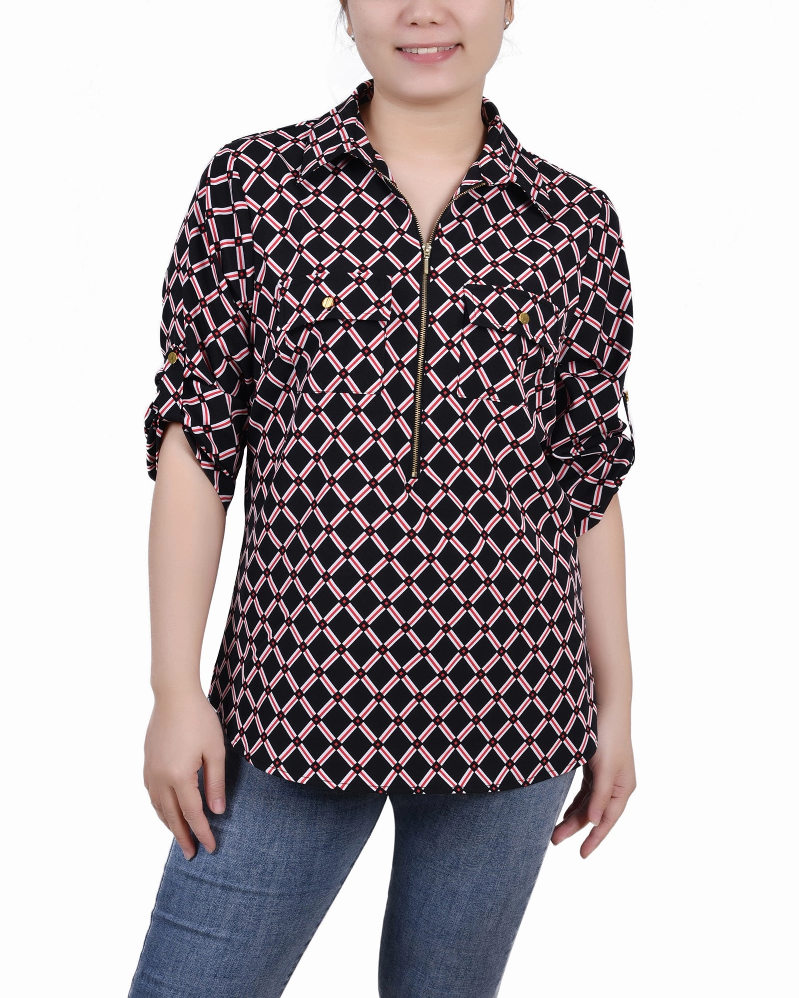 Petite 3/4 Roll Tab Sleeve Zip Front Top Seasonal Comfort Home Casual