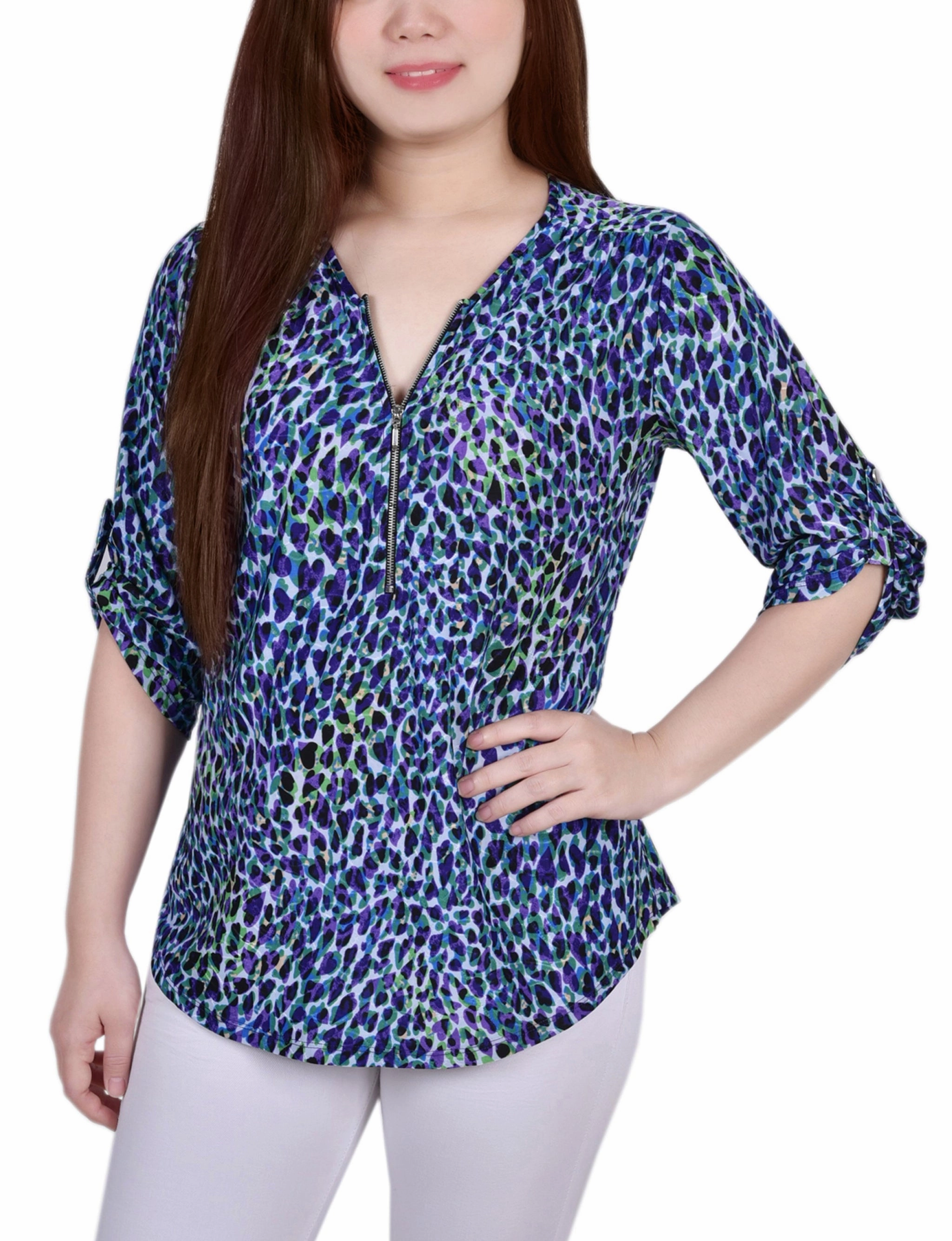 Petite 3/4 Roll Tab Zip Front Jacquard Knit Top Sleek Surface