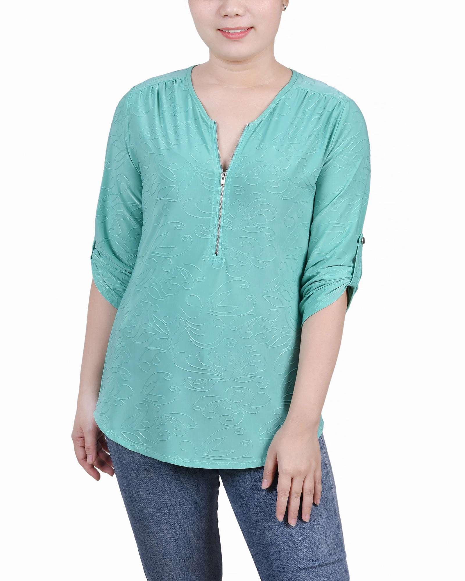 Chill Weather Wardrobe Classic Petite 3/4 Roll Tab Zip Front Jacquard Knit Top