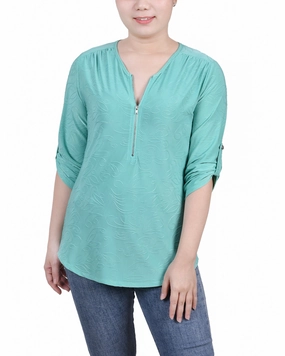 Colorfast Technology Ribbed Edging Petite 3/4 Roll Tab Zip Front Jacquard Knit Top