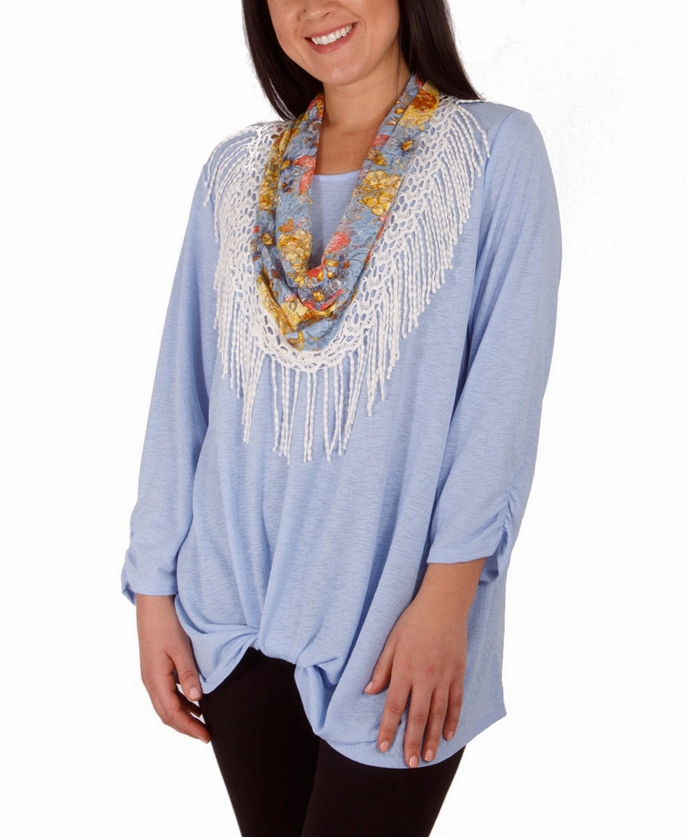 Petite 3/4 Rouched Sleeve Twist Front Top With Detachable Scarf Effortless Look