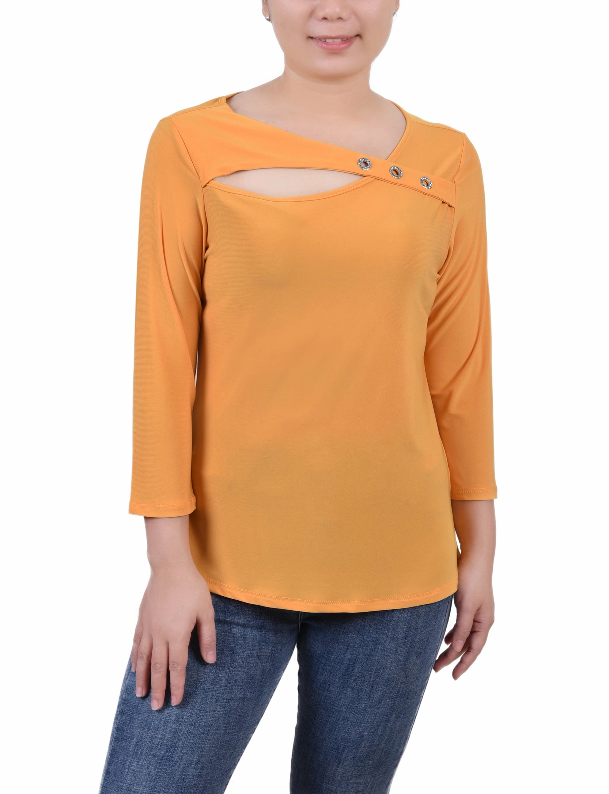 muted tone MicrofiberBlend Texture Petite 3/4 Sleeve Cutout Top
