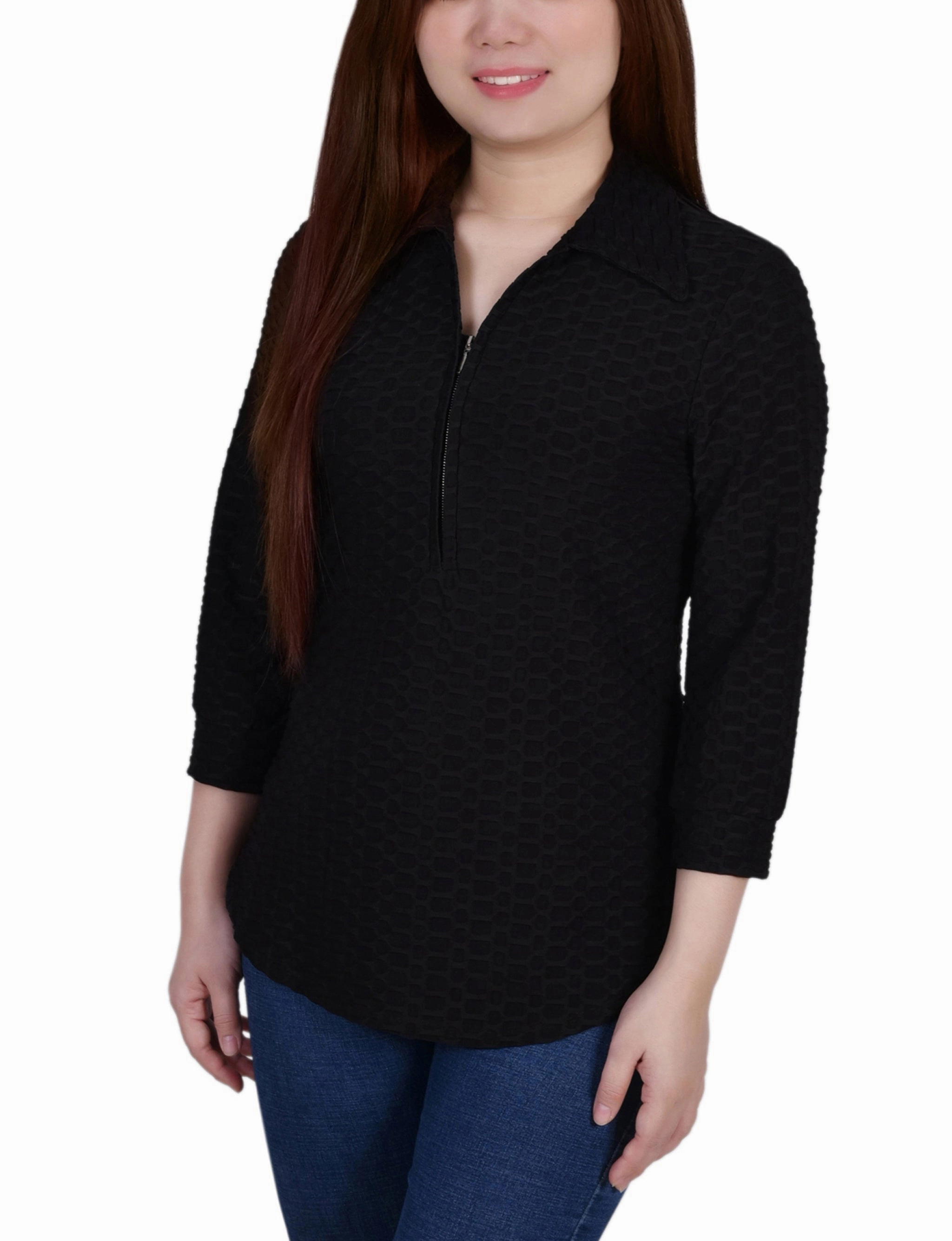 Petite 3/4 Sleeve Honeycomb Half Zip Top Street Comforted Urban Comforted