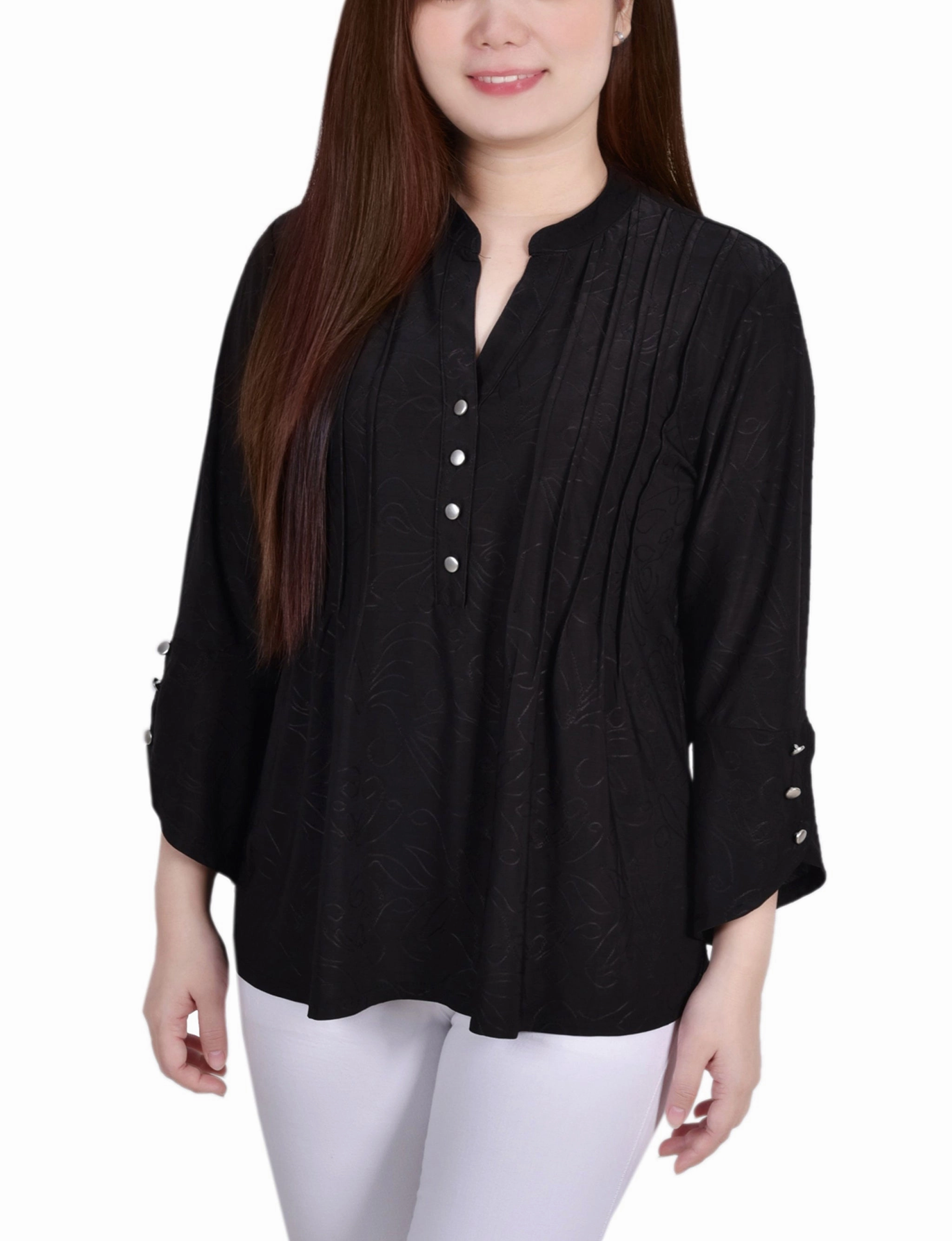 Lightweight Material Petite 3/4 Sleeve Overlapped Bell Sleeve Y Neck Top