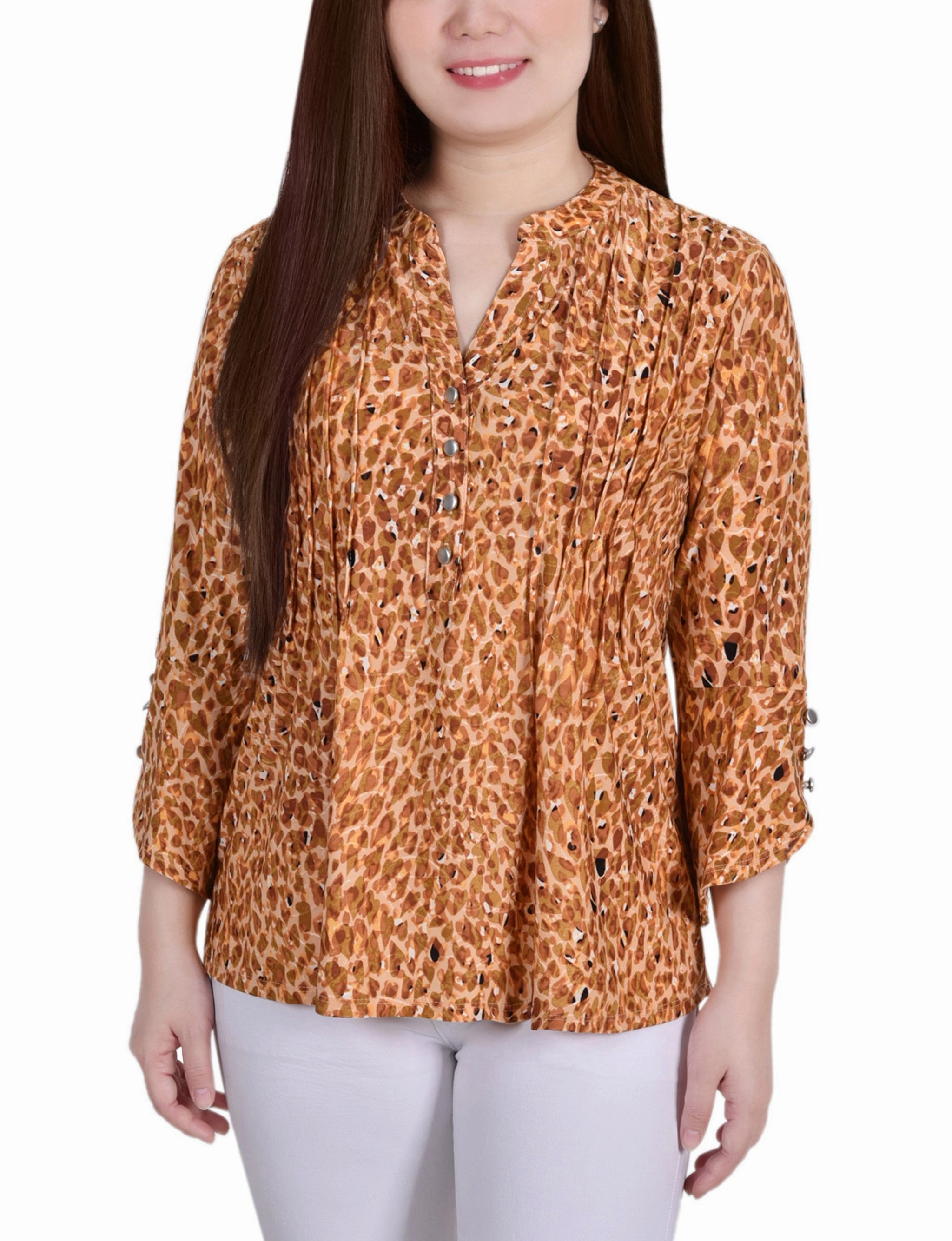 Multi Panel Functional Look Petite 3/4 Sleeve Overlapped Bell Sleeve Y Neck Top