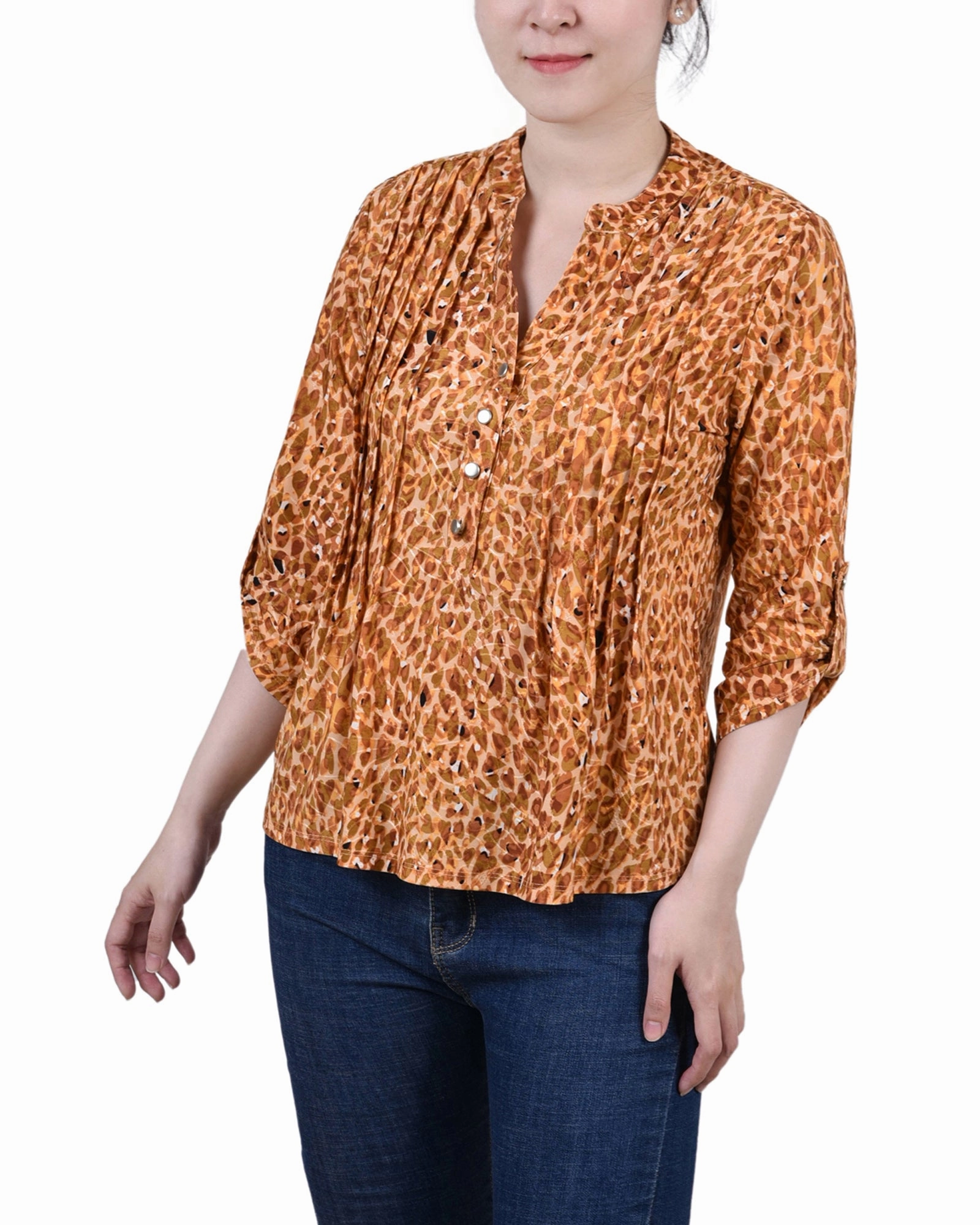 Recycled Polyester Yarn GarmentSpecific Storage Solutions Petite 3/4 Sleeve Roll Tab Y Neck Pullover Top