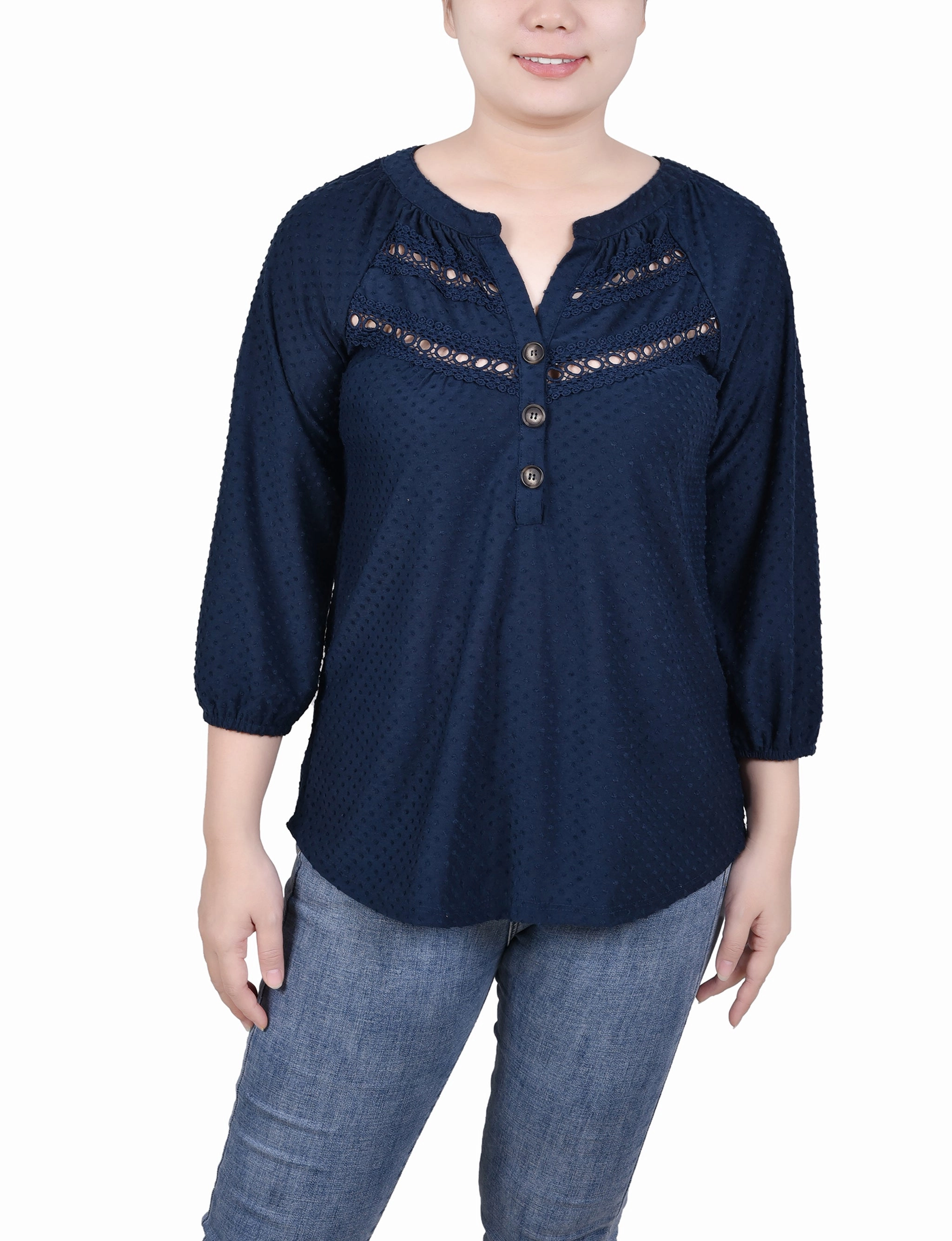 Petite 3/4 Sleeve Swiss Dot Top Everyday Use Microfiber Blend