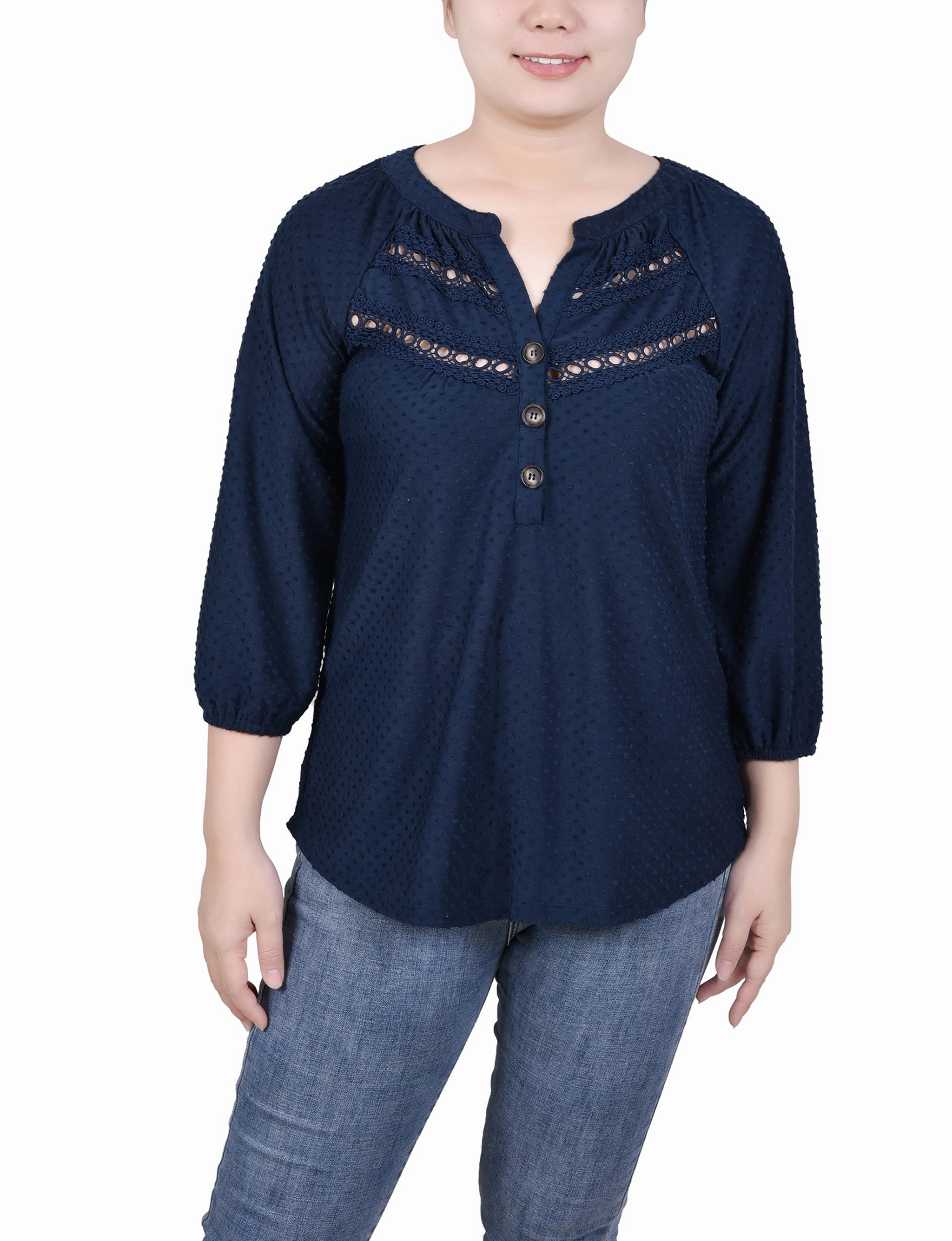 Petite 3/4 Sleeve Swiss Dot Top Smooth Flatlock Seams