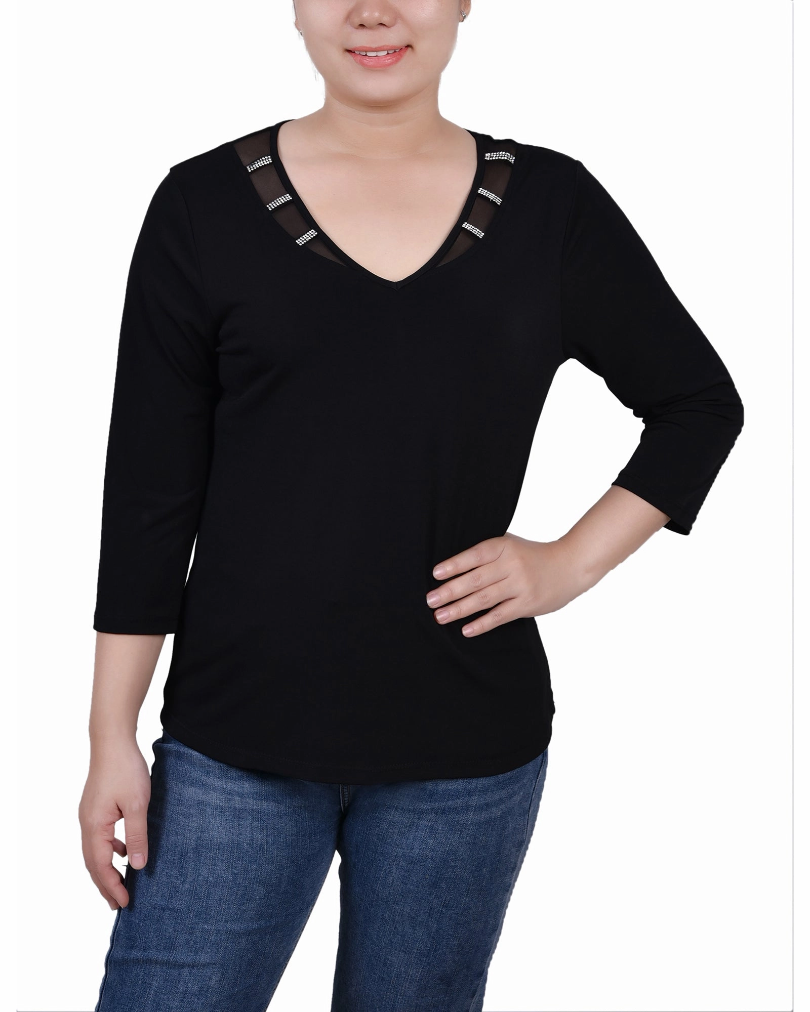Flatlock Seam Construction Petite 3/4 Sleeve Top With Illusion Neckline and Stones