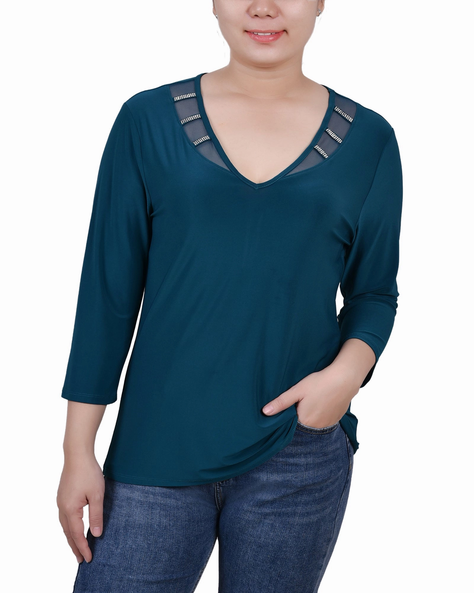 Petite 3/4 Sleeve Top With Illusion Neckline and Stones Smart Style