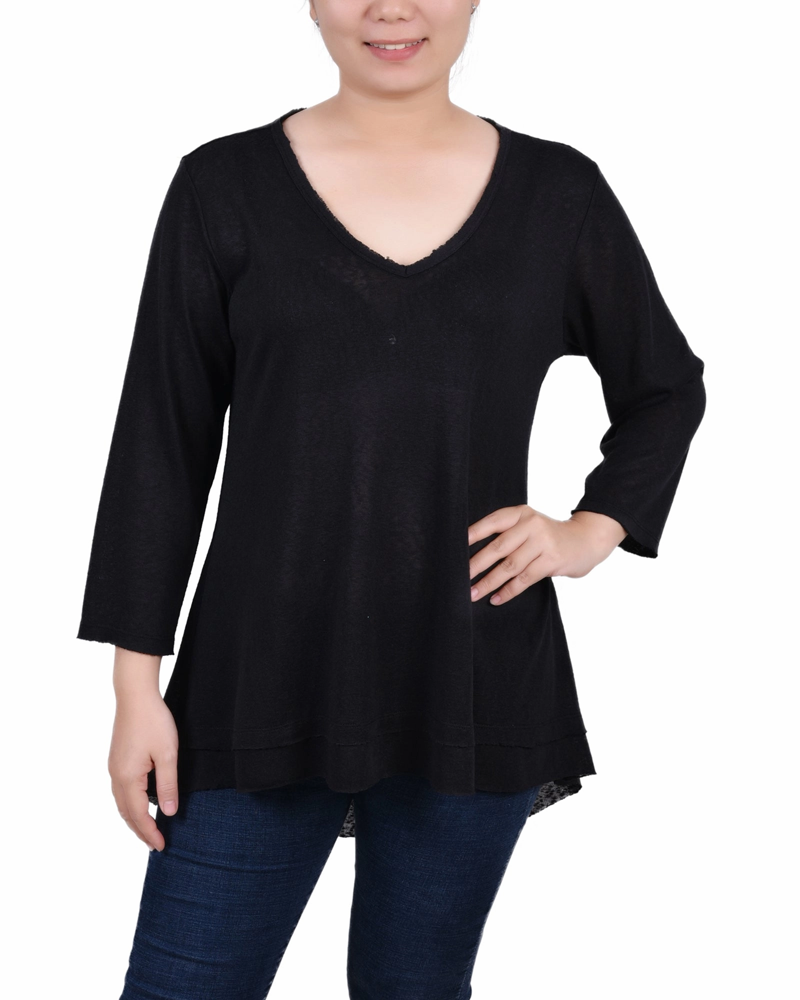 Petite 3/4 Sleeve V Neck Top Lightweight insulation HighElasticity Fabric