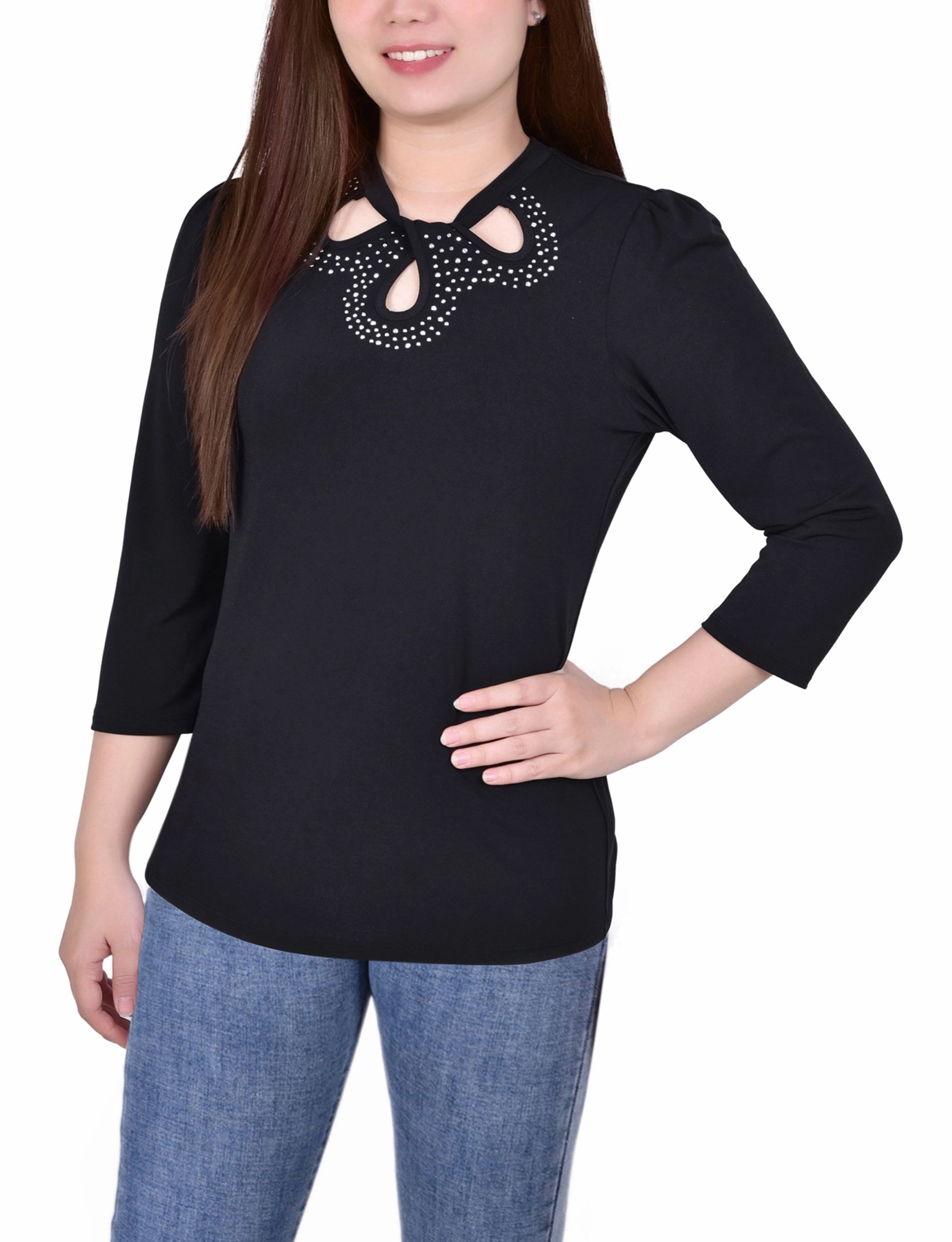Petite 3/4 Slv Knit Crepe Studded Keyhole Top Essential Look