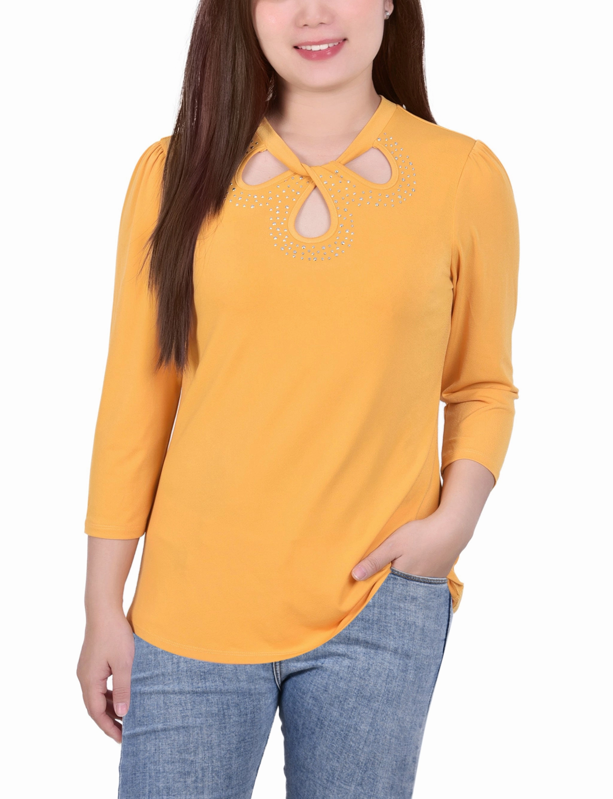 Moisture Management System LowMaintenance Care Petite 3/4 Slv Knit Crepe Studded Keyhole Top