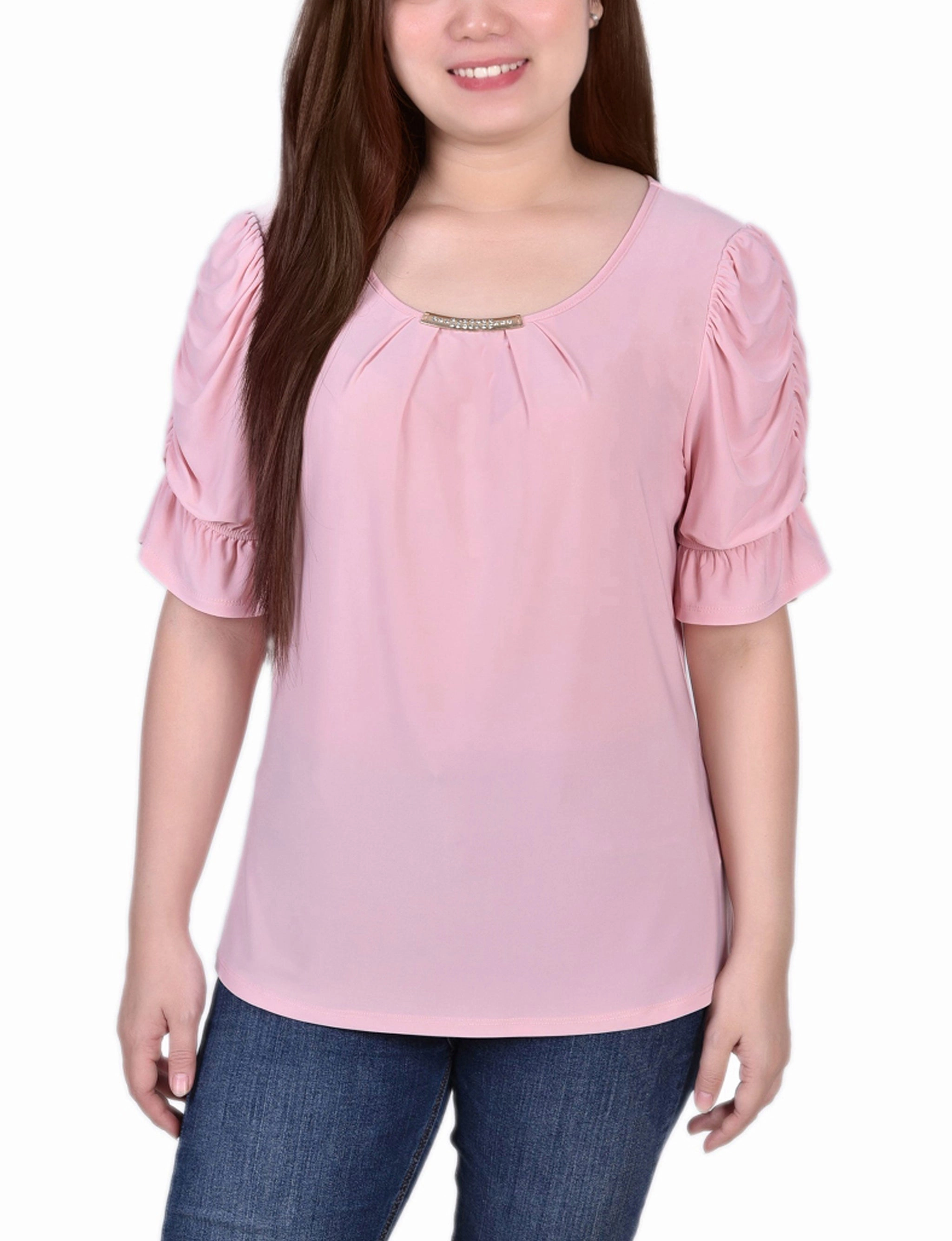 Petite Elbow Cuffed Sleeve Hardware Top Relaxed Crew Neck