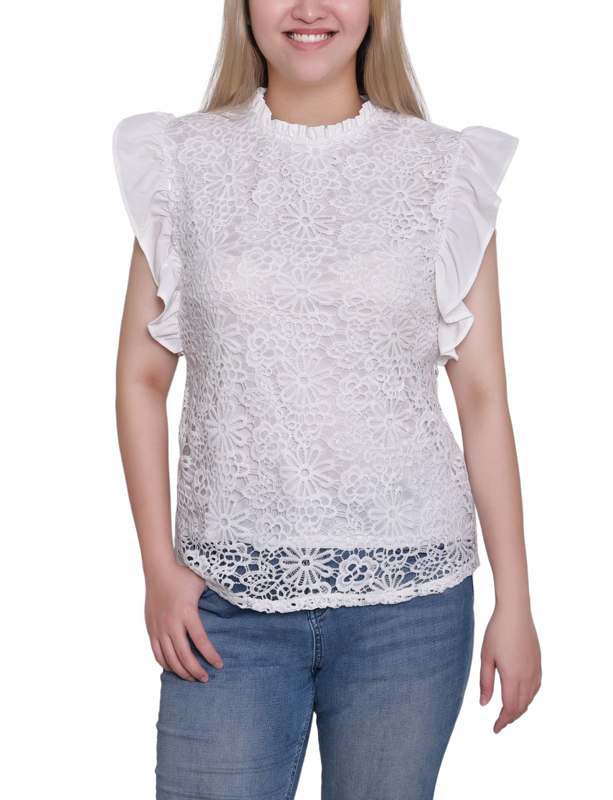 Daily Look Neat Look Petite Flutter Sleeve Lace Top