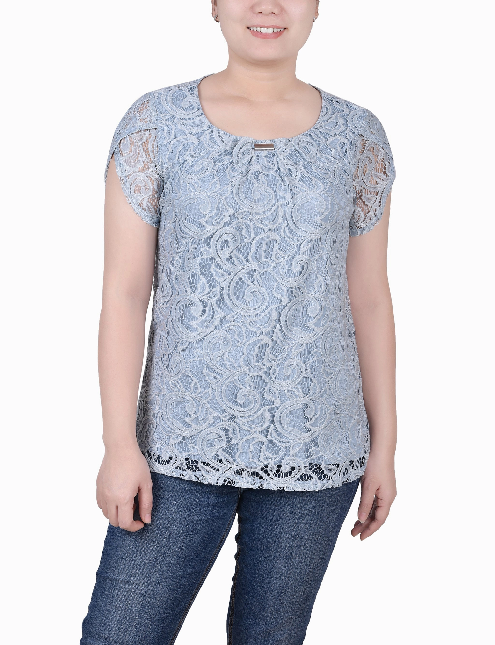 Petite Lace Petal Sleeve Top Interlock Knit Body