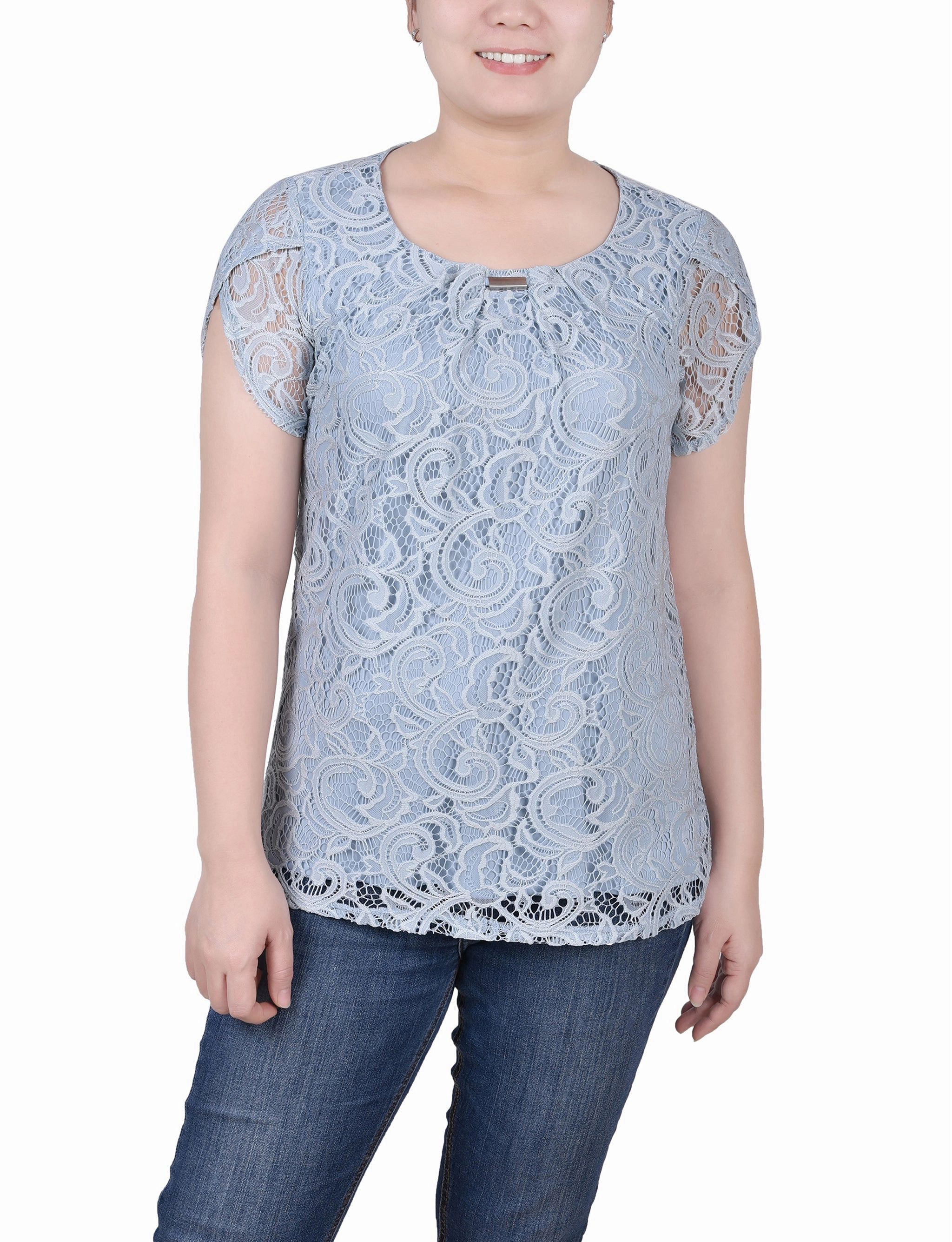 Petite Lace Petal Sleeve Top Snag Resistant Surface