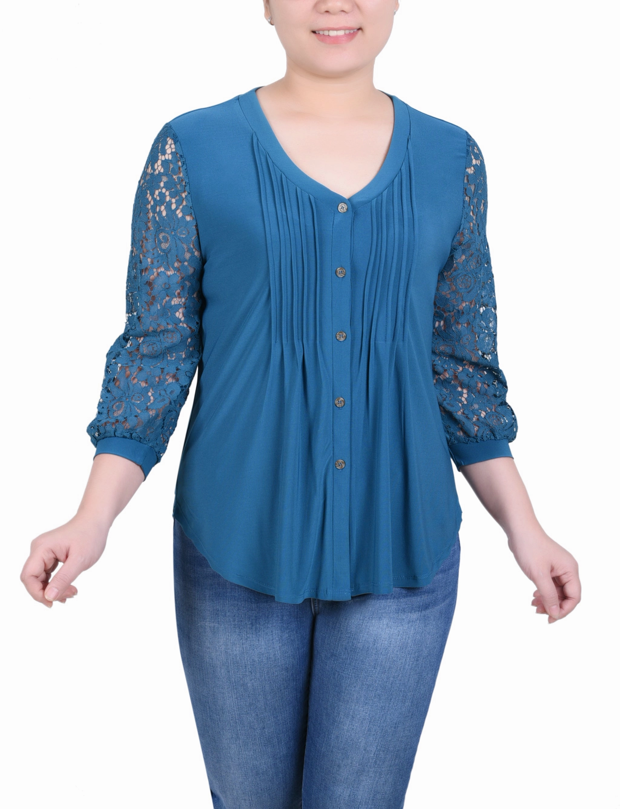 Seasonal Comfort Layered Cable Pattern Petite Lace-Sleeve V Neck Top