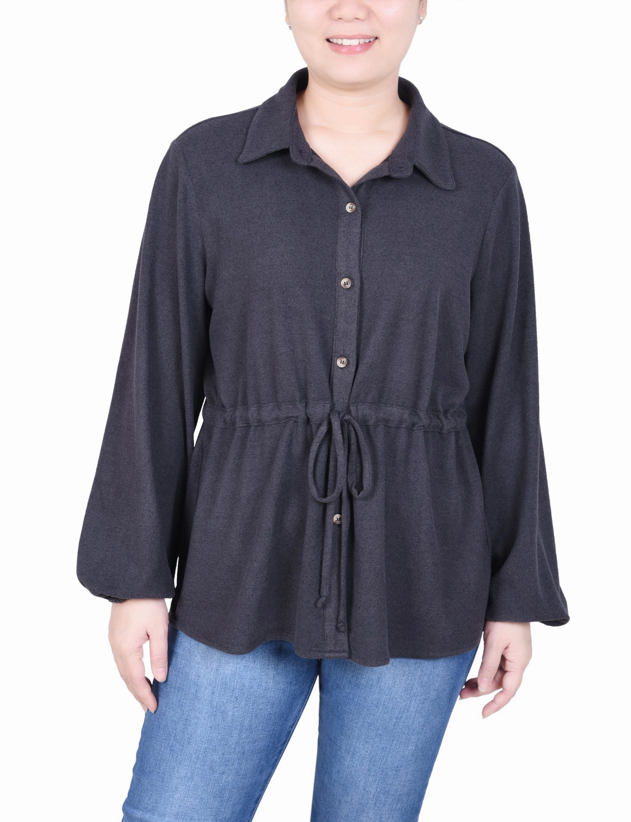 Seam Free Edges Dimensional Jacquard Weave Petite Long Dolman Sleeve Drawstring-Waist Tunic Top