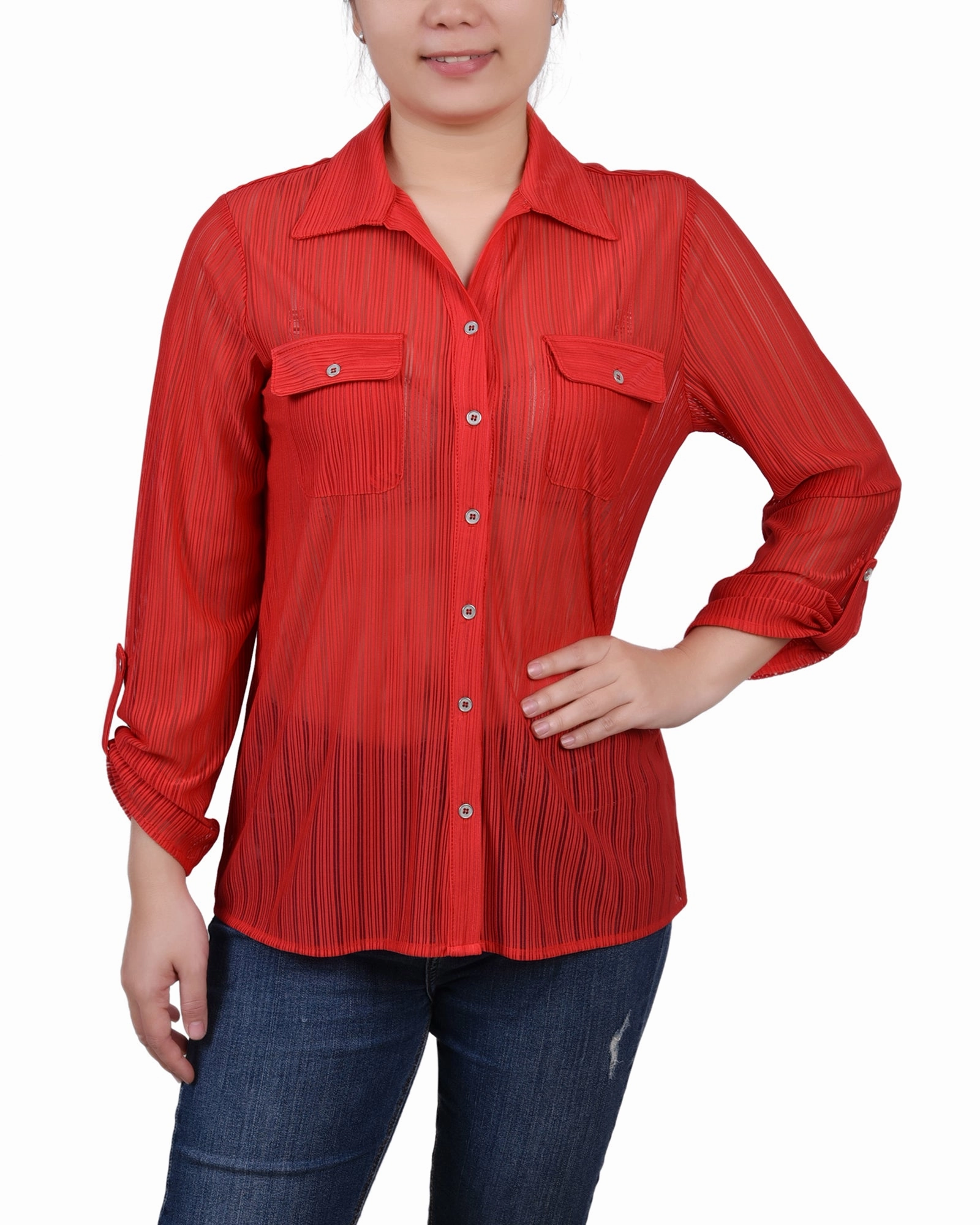 Layered Stitch Detail Petite Long Roll Tab Sleeve Burnout Knit Top