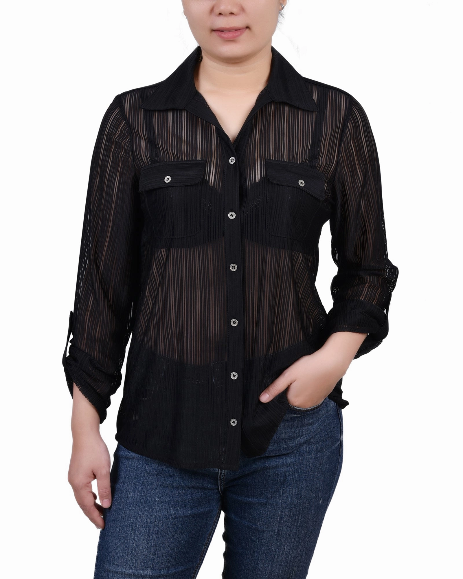 Petite Long Roll Tab Sleeve Burnout Knit Top Reversible Seamless Design Tailored Silhouette