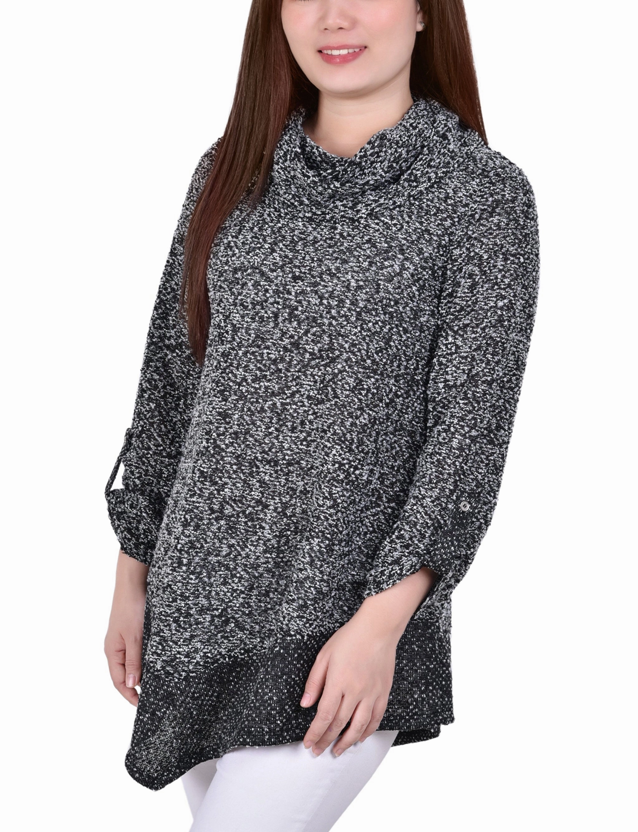 Cozy Lining Petite Long Roll Tab Sleeve Nubby Cowl Neck Top