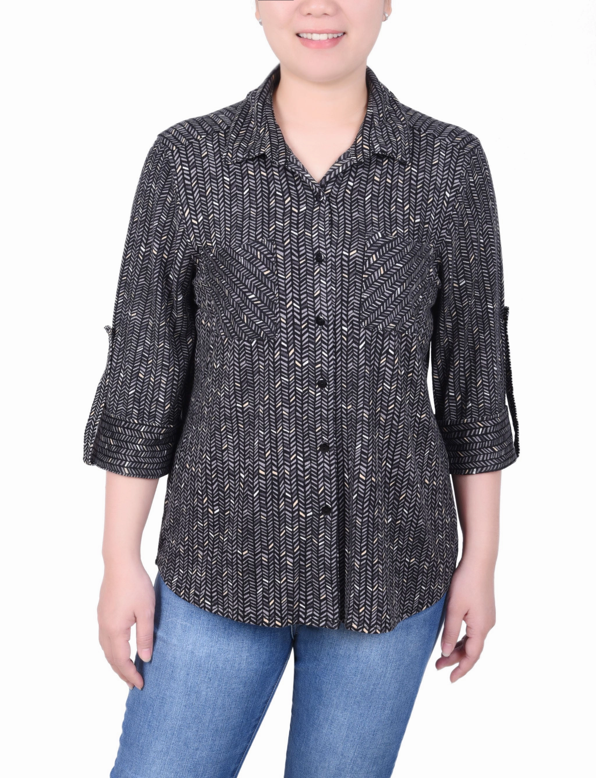 Petite Long Sleeve Button Front Tunic Top NonIrritating Seams