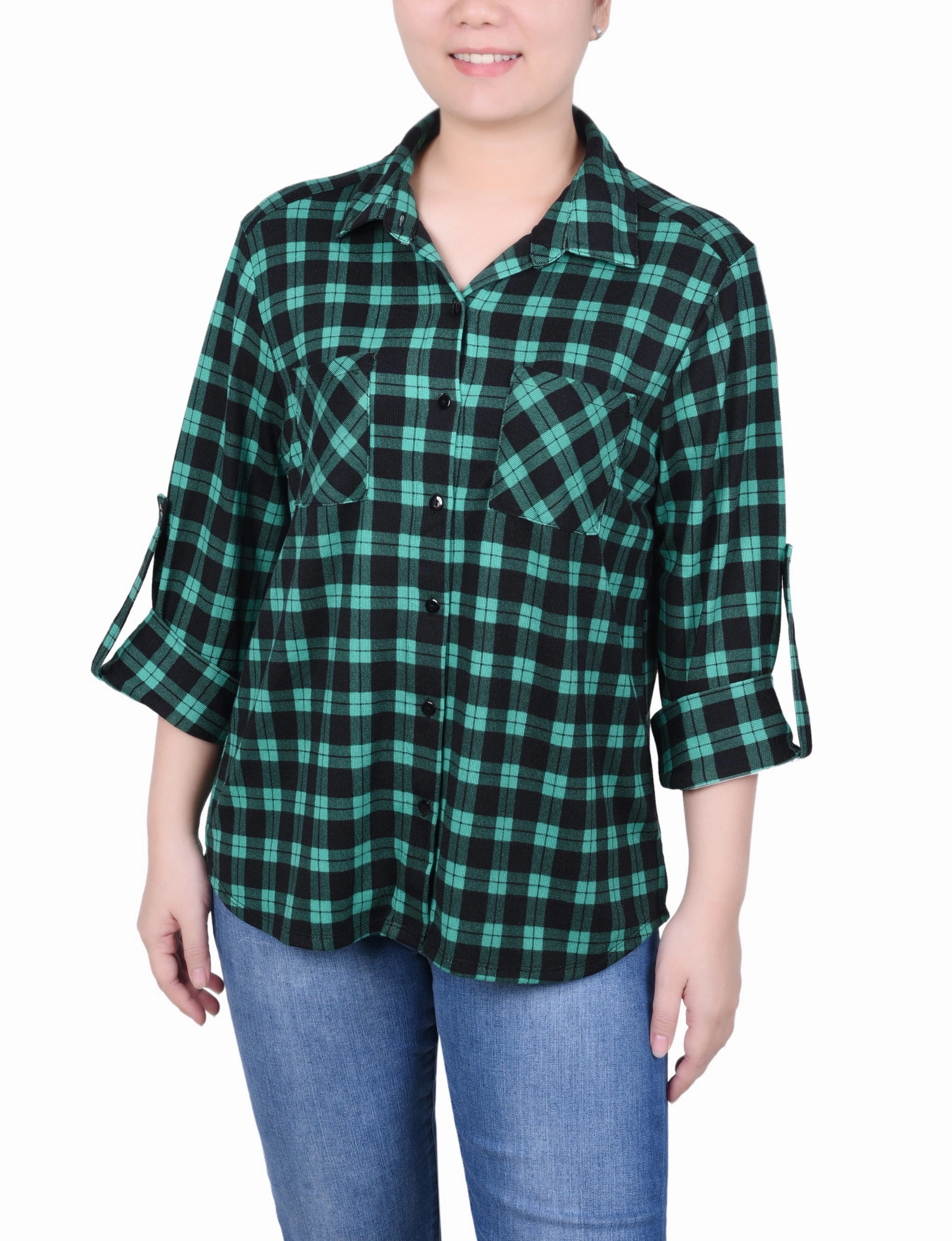 MoistureWicking Petite Long Sleeve Button Front Tunic Top