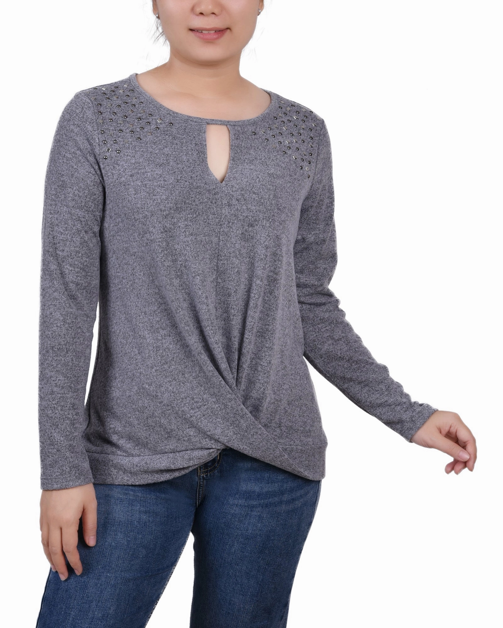 Moisture Wicking Technology Petite Long Sleeve Knit Keyhole Top With Studs