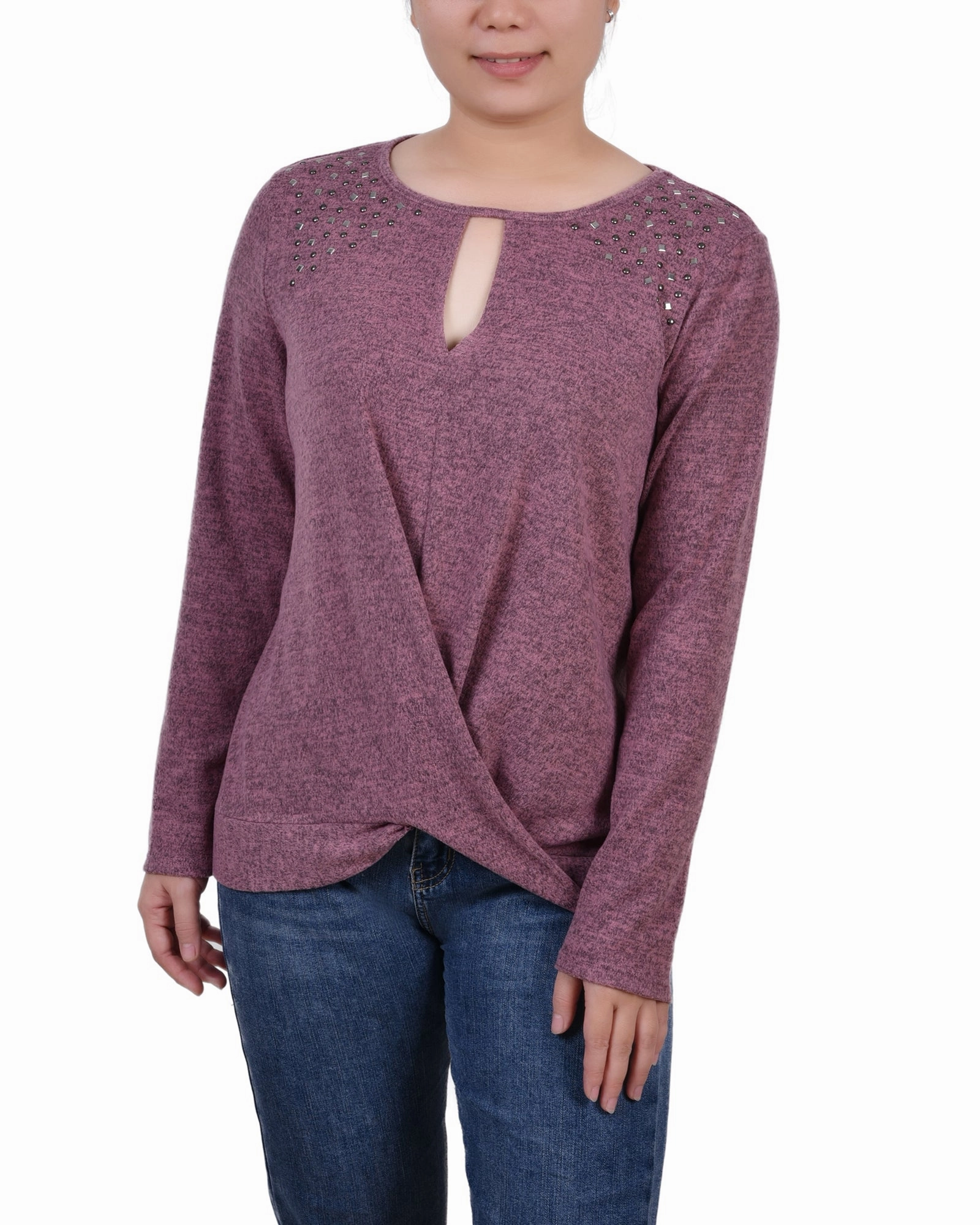 Leisure Look Reinforced Neckline Stitching Petite Long Sleeve Knit Keyhole Top With Studs