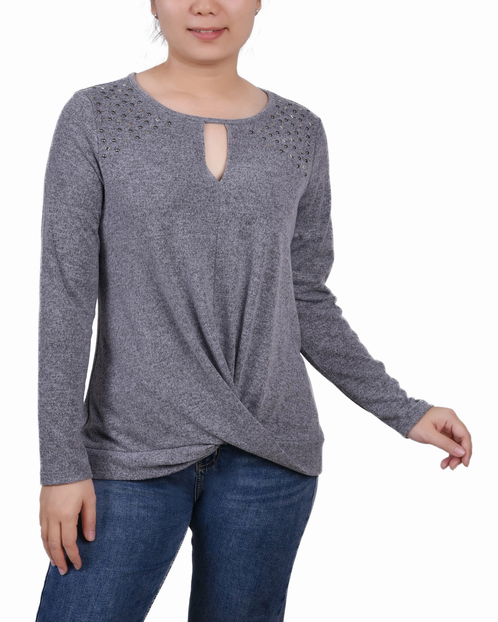Petite Long Sleeve Knit Keyhole Top With Studs Soft Layer Minimal Fashion
