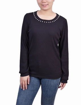 Fresh Layer City Warmth Petite Long Sleeve Ribbed Pearl Trimmed Top