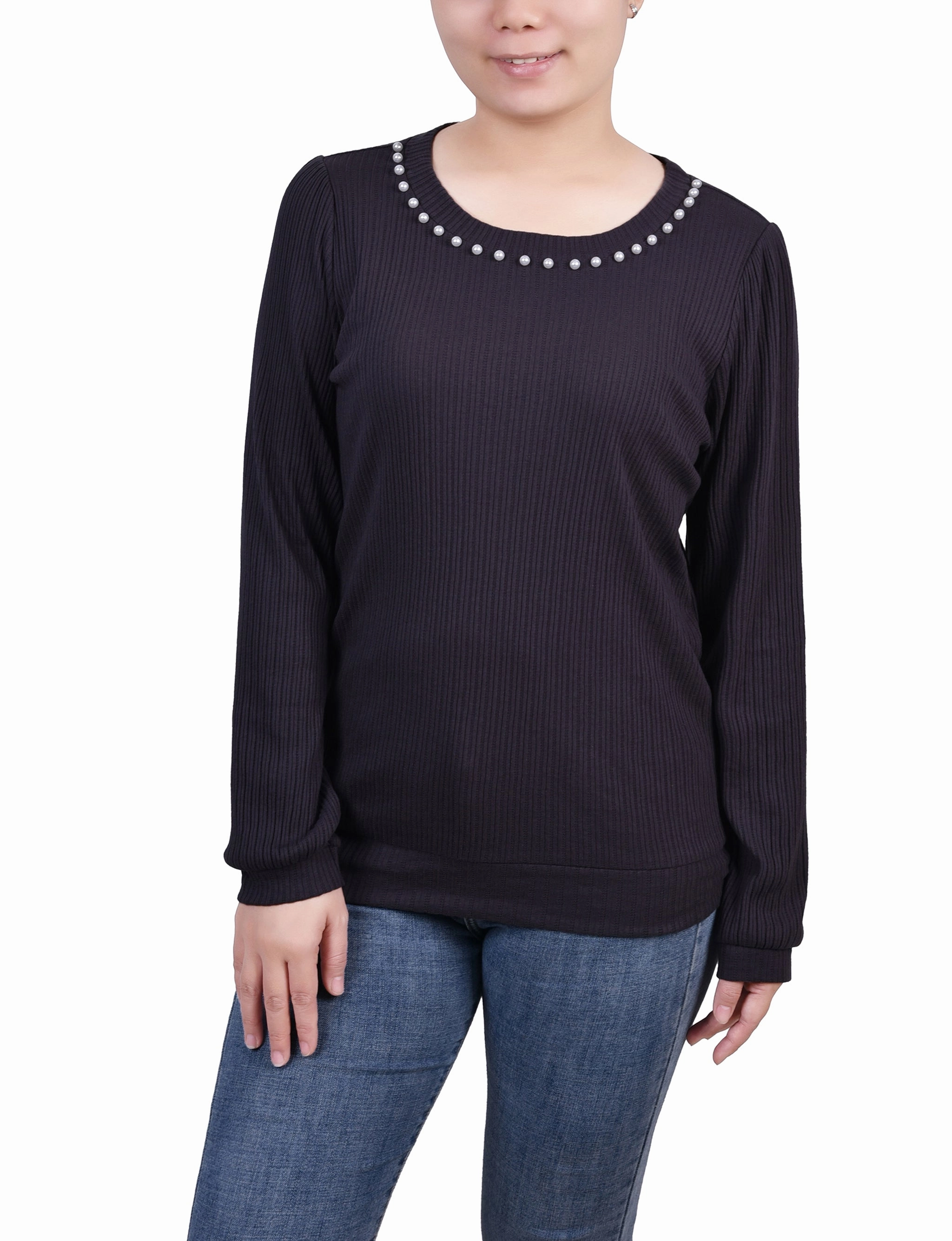 Petite Long Sleeve Ribbed Pearl Trimmed Top Garment Dyed Process