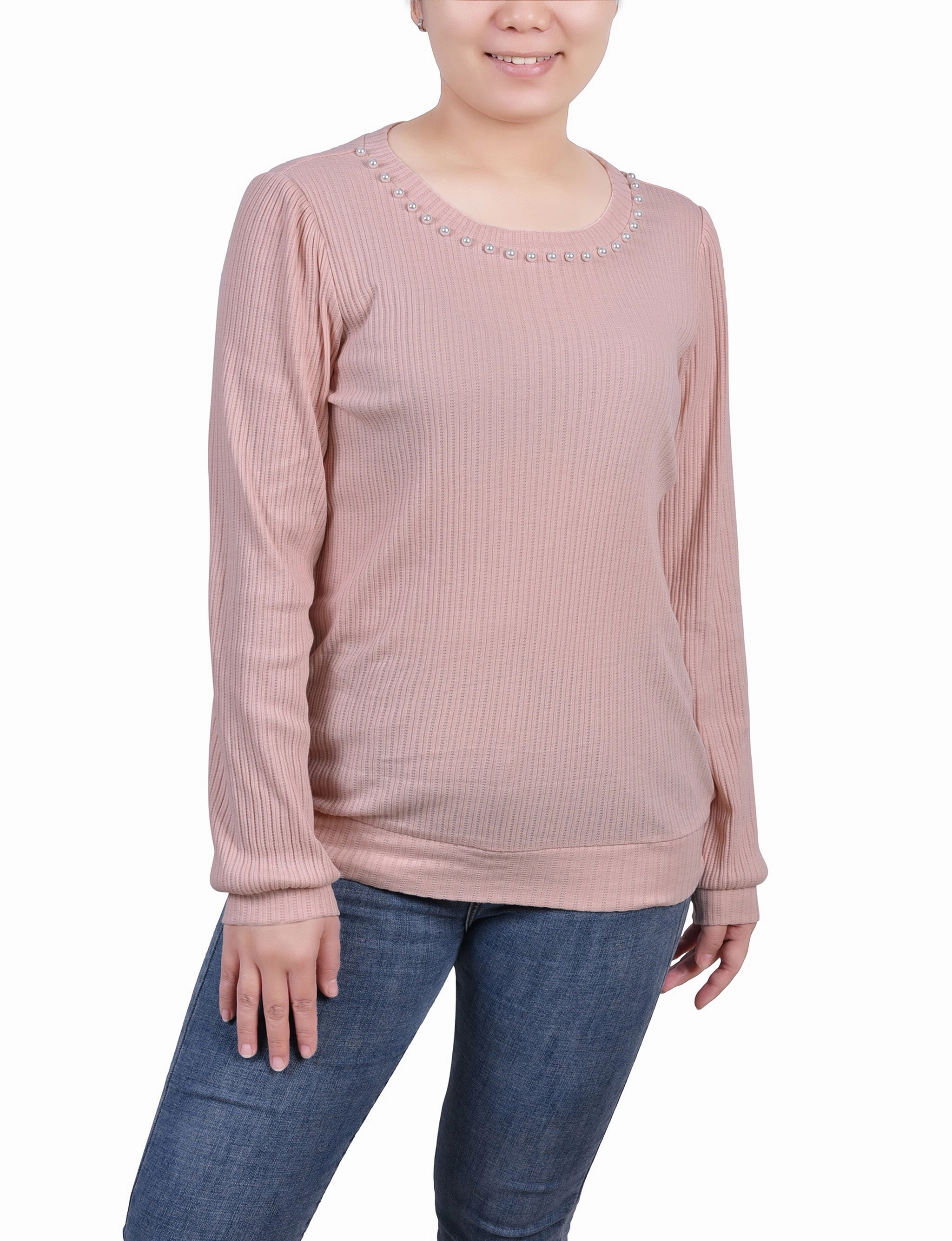 Petite Long Sleeve Ribbed Pearl Trimmed Top Adjustable Cuff Clean Lines