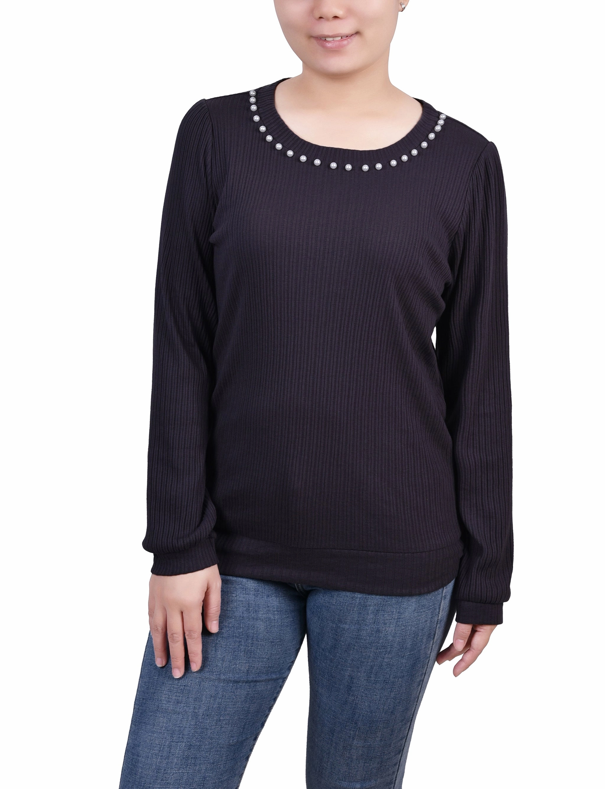 Petite Long Sleeve Ribbed Pearl Trimmed Top Functional Look