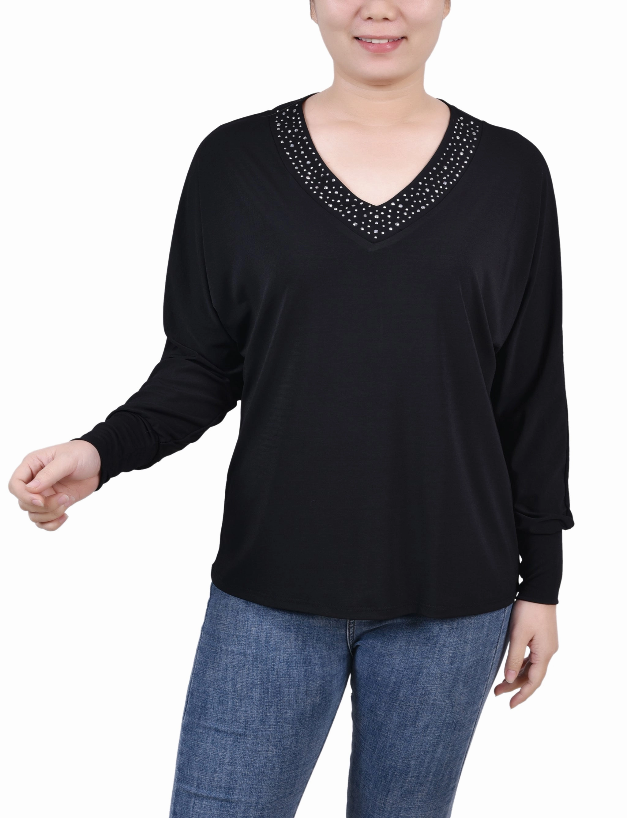Petite Long Sleeve Studded Top TearResistant Fabric