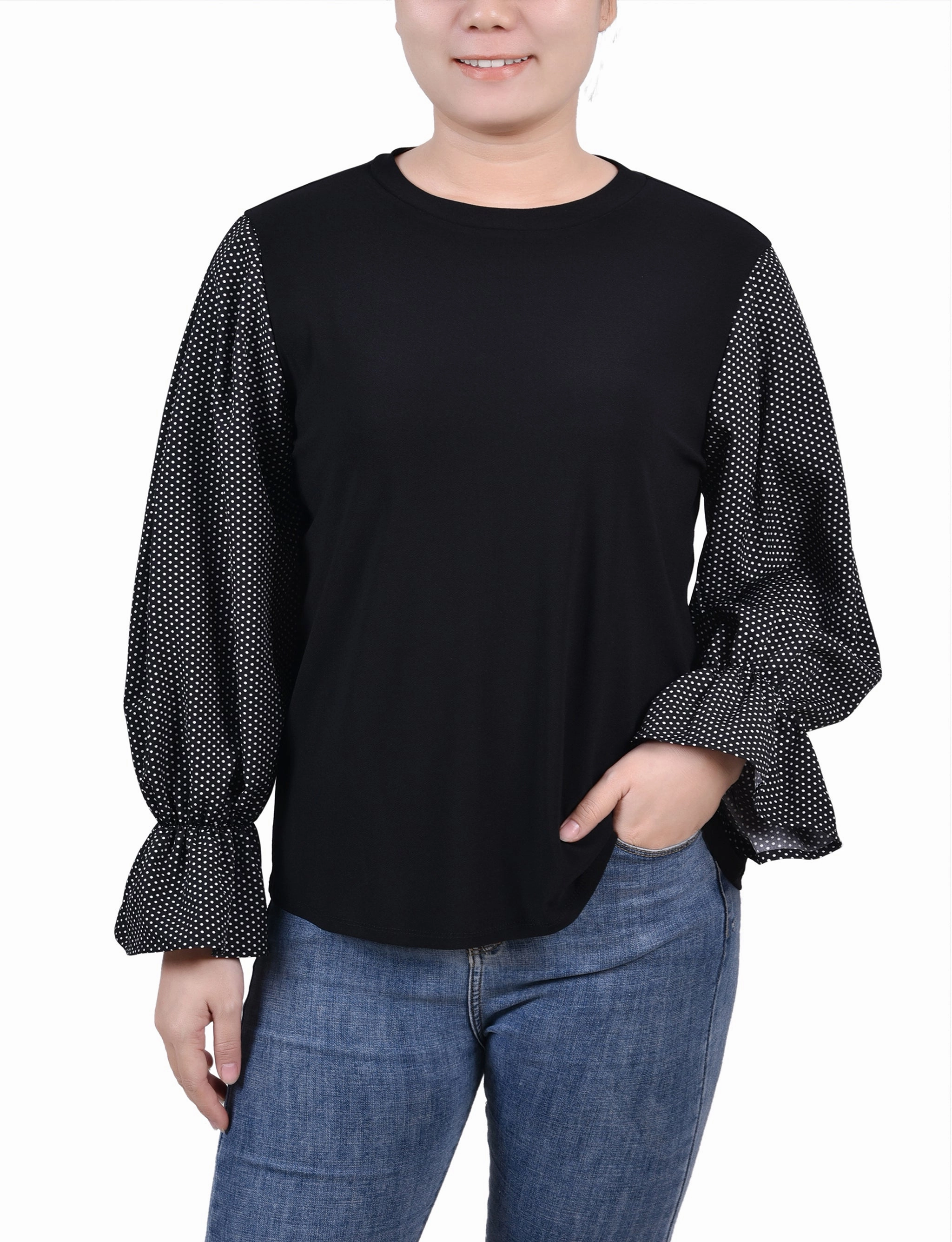 Petite Long Sleeve Top With Printed Sleeves SheerWeight Knit Effortless Comfort