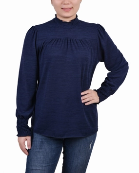 Sleek Surface Petite Long Sleeve Top With Smocking Details