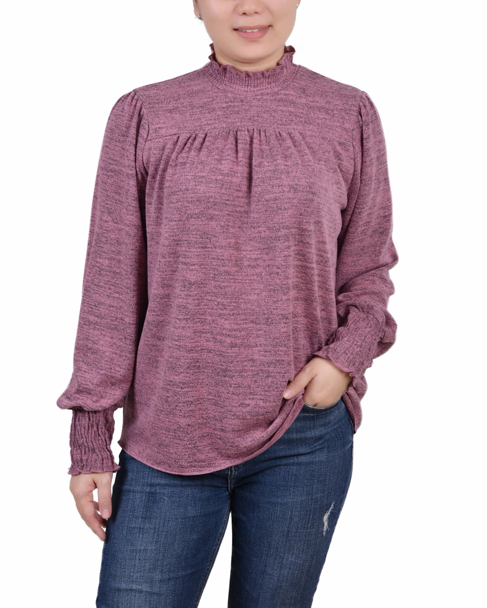Hypoallergenic Yarn Biodegradable Fiber Blend Petite Long Sleeve Top With Smocking Details