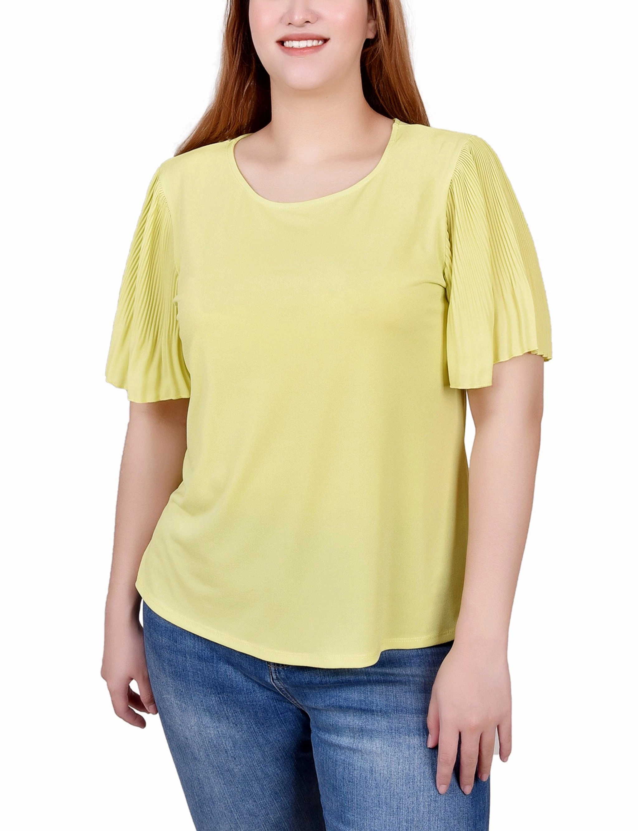 SoftTouch Material Double Layered Hem Petite Pleated-Sleeve Top