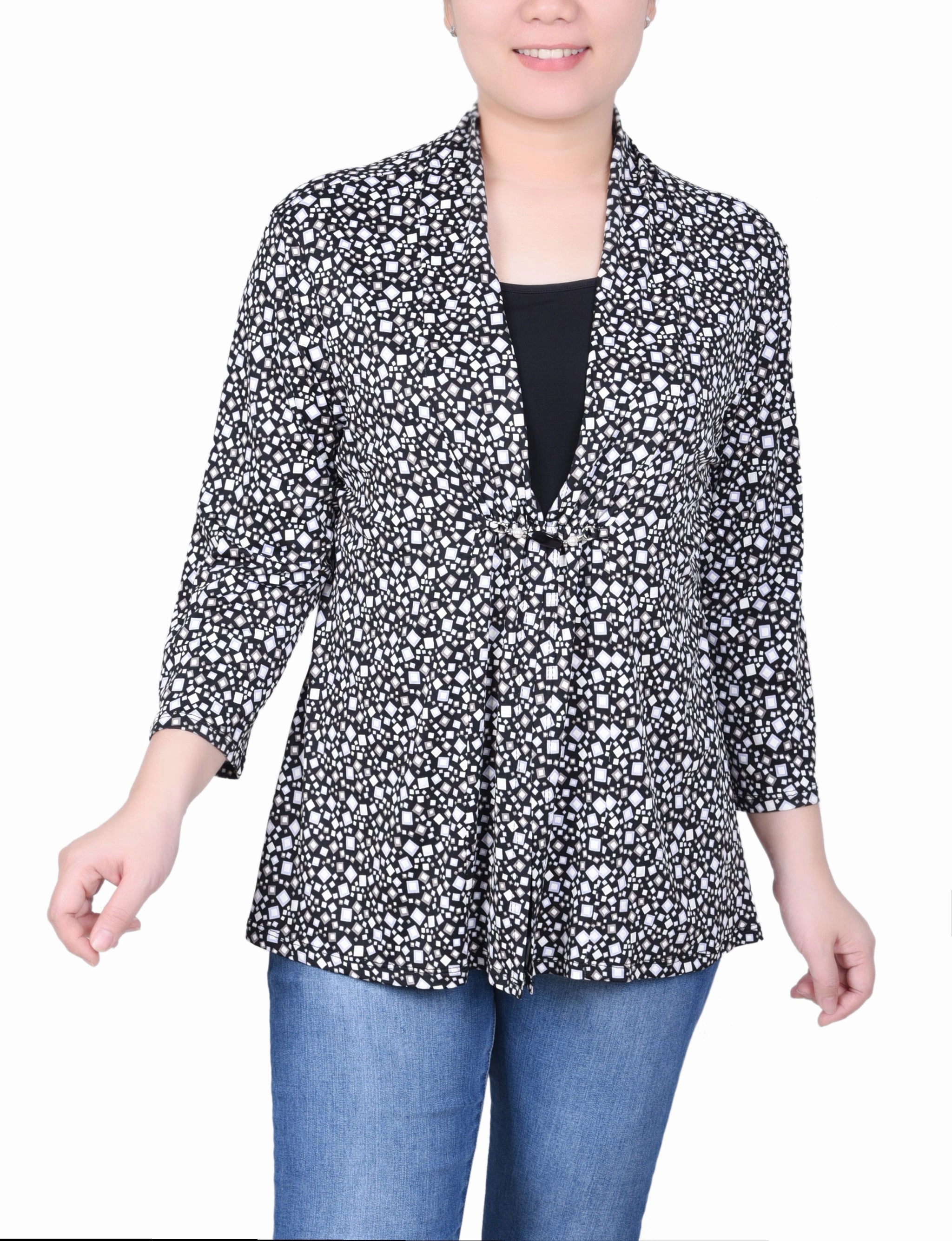 Petite Puff Print 3/4 Sleeve Two-Fer Top Travel Trend Lightweight Form