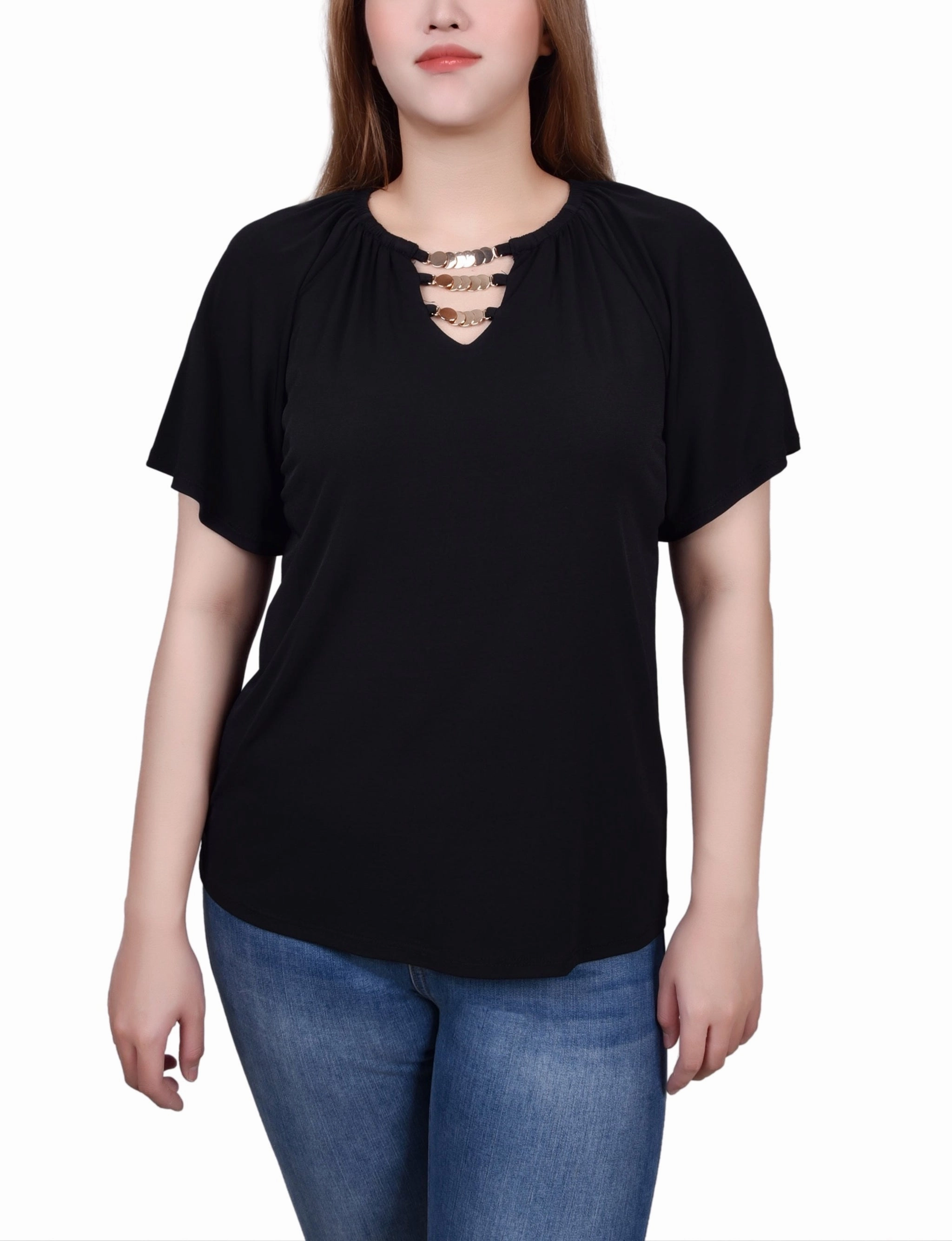 Morning Wear Petite Raglan Sleeve Top With Chain Details