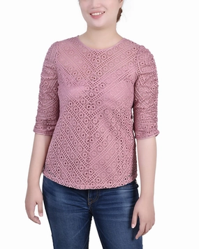 Textured Weave Design Petite Rouched Sleeve Lace Top