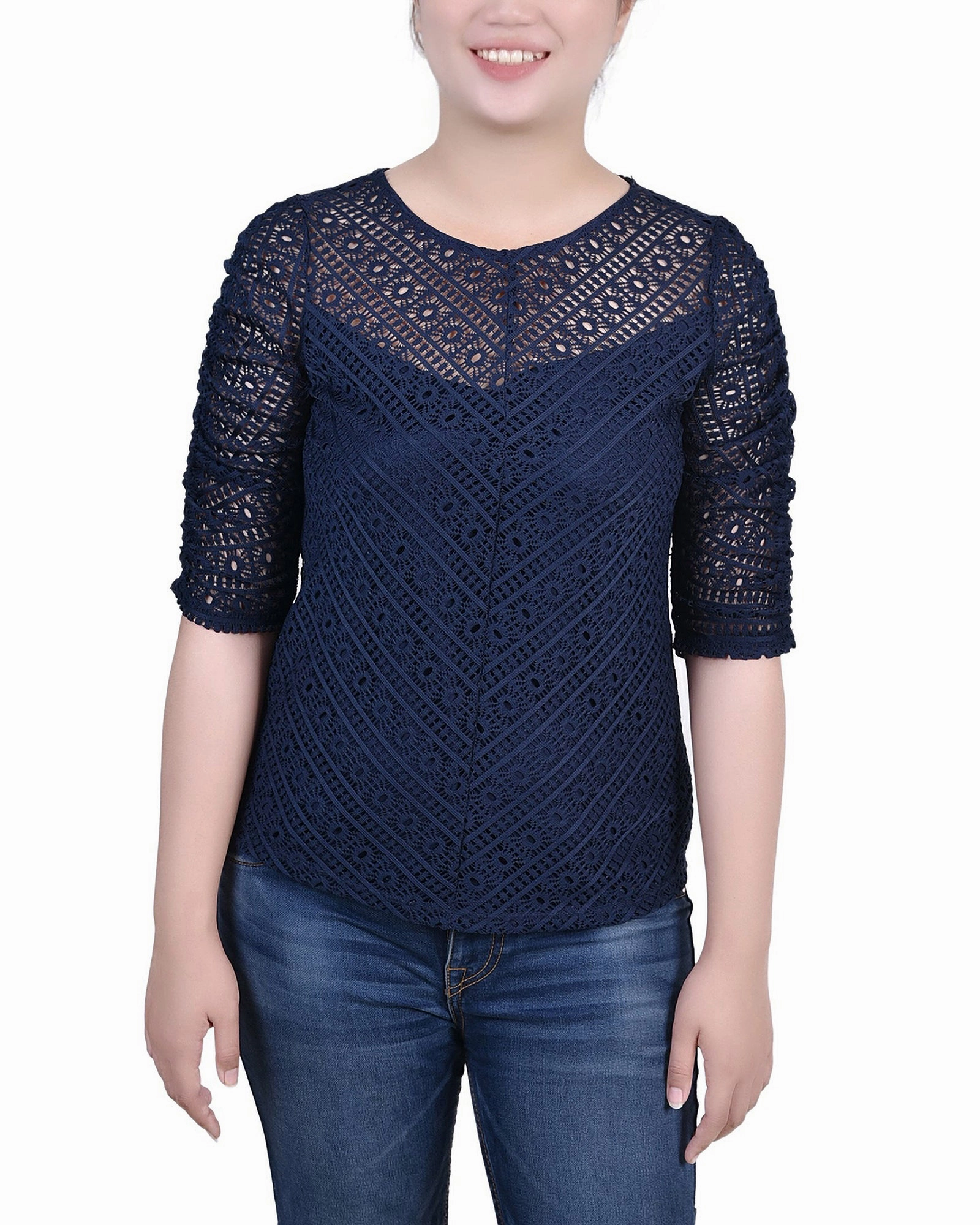UV Protection Finish Petite Rouched Sleeve Lace Top